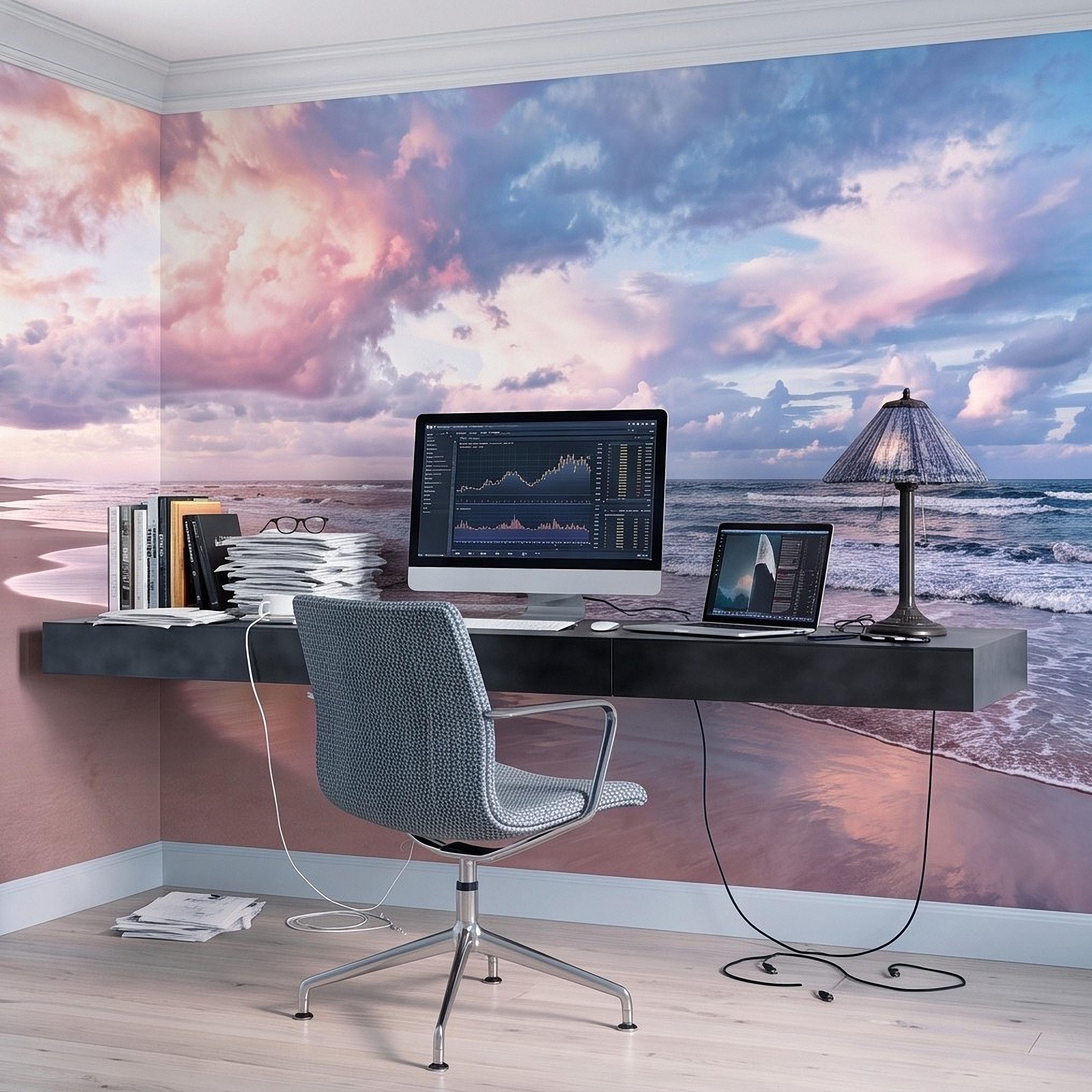 Pastel Beach Sunset Peel and Stick Wall Mural, Ocean Waves and Pink Sky Coastal Shoreline Reflection Seascape Wallpaper