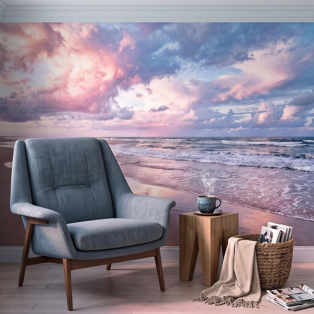 Pastel Beach Sunset Peel and Stick Wall Mural, Ocean Waves and Pink Sky Coastal Shoreline Reflection Seascape Wallpaper