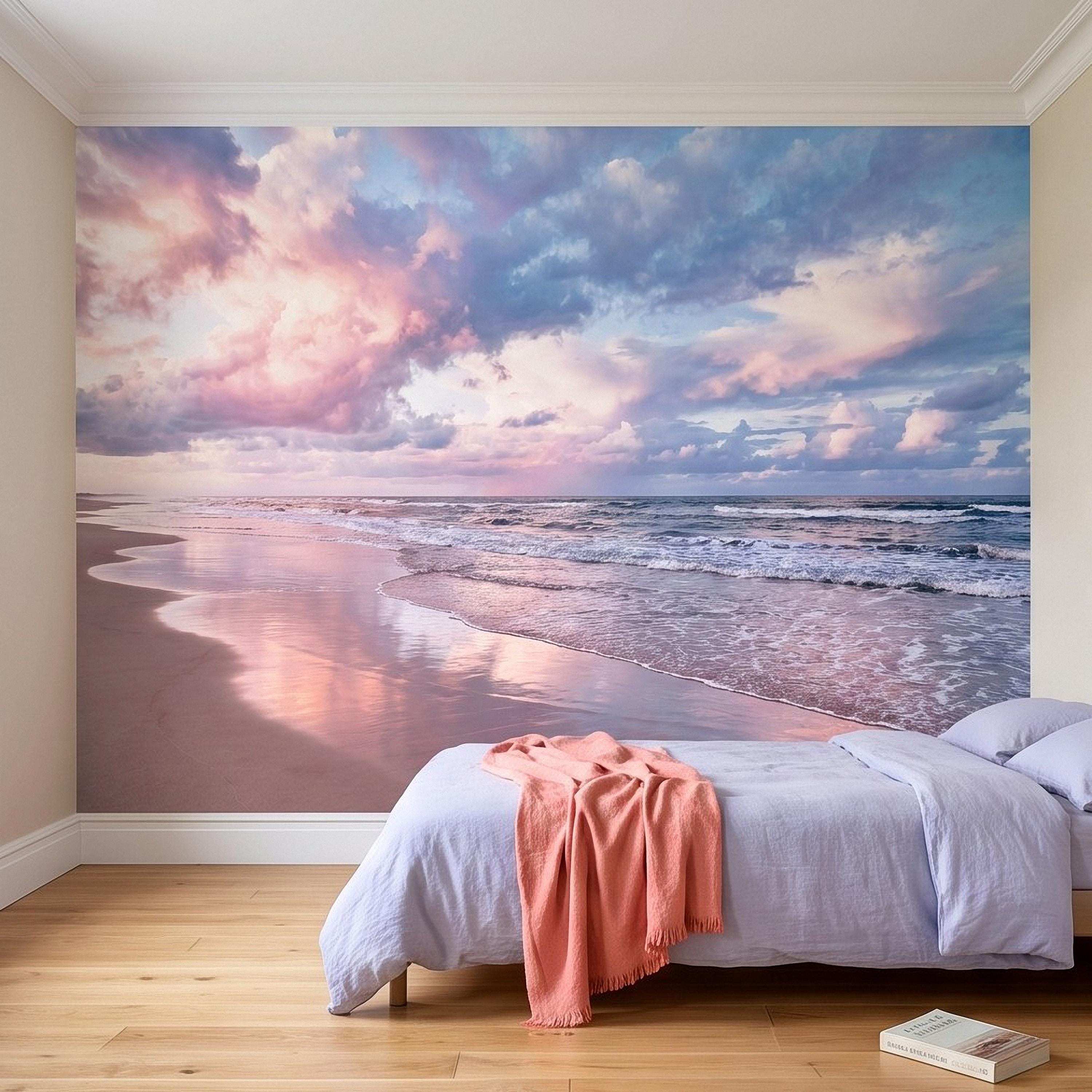 Pastel Beach Sunset Peel and Stick Wall Mural, Ocean Waves and Pink Sky Coastal Shoreline Reflection Seascape Wallpaper