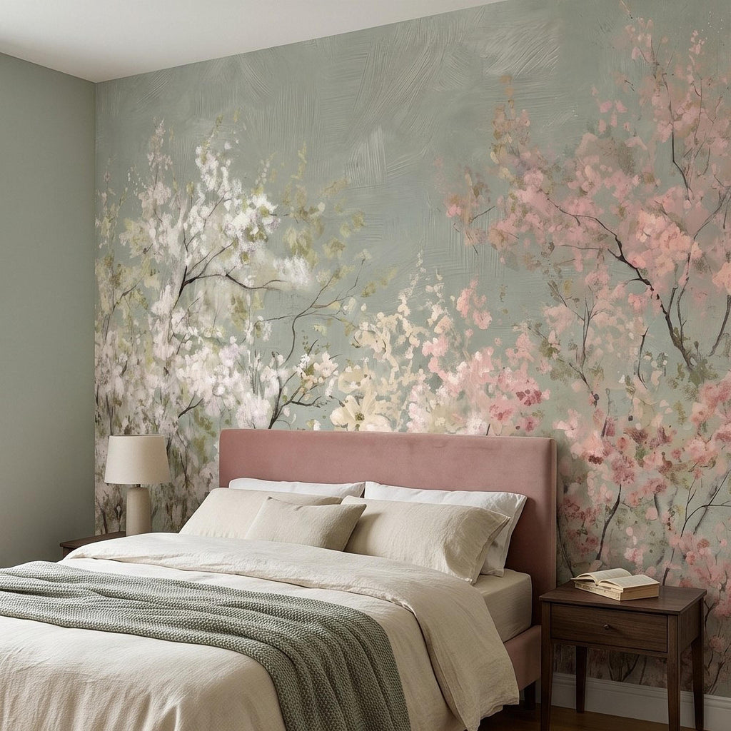 Cherry Blossom Peel and Stick Wall Mural, Soft Spring Blossom Trees, Painterly Botanical Branches White and Pink Floral Wallpaper