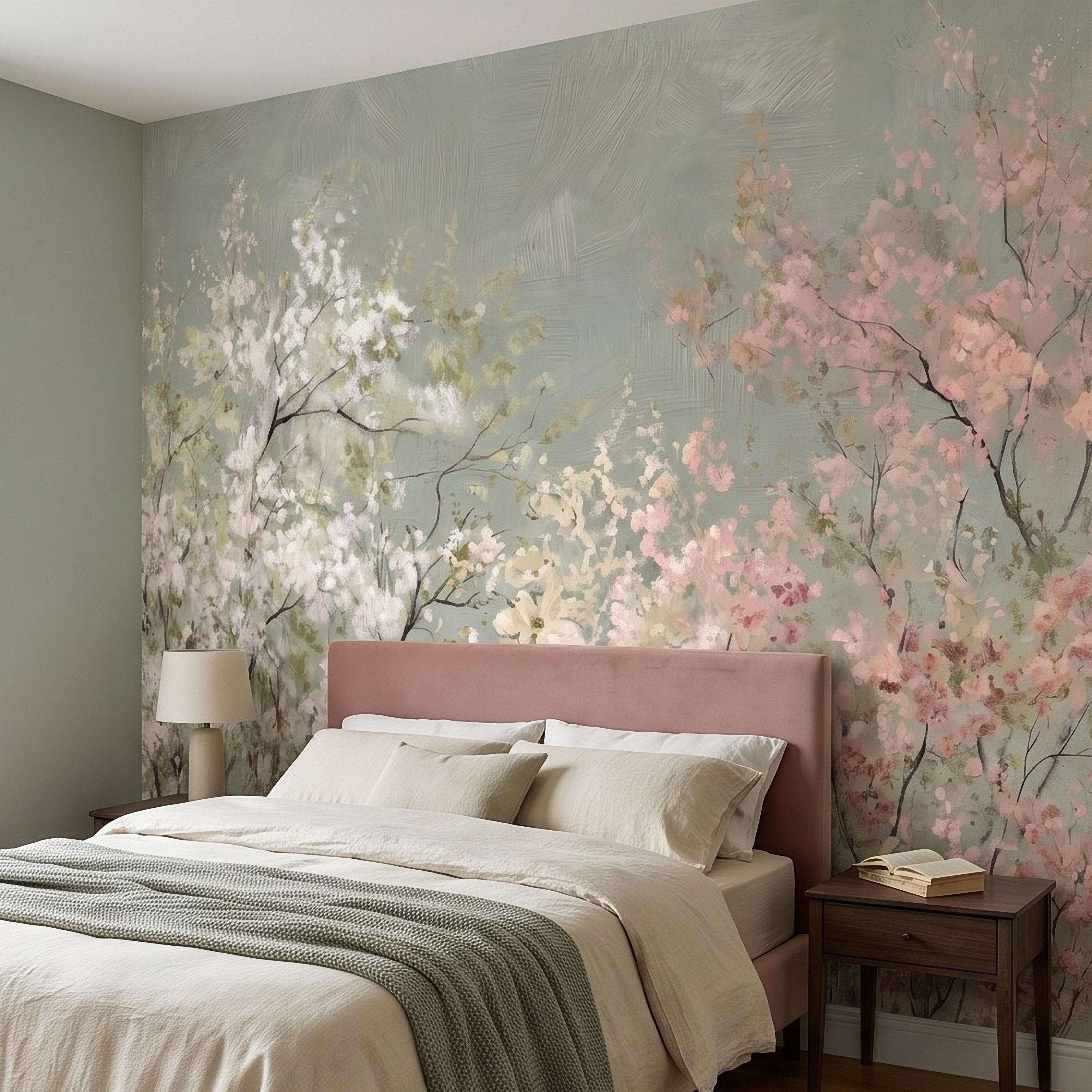 Cherry Blossom Peel and Stick Wall Mural, Soft Spring Blossom Trees, Painterly Botanical Branches White and Pink Floral Wallpaper