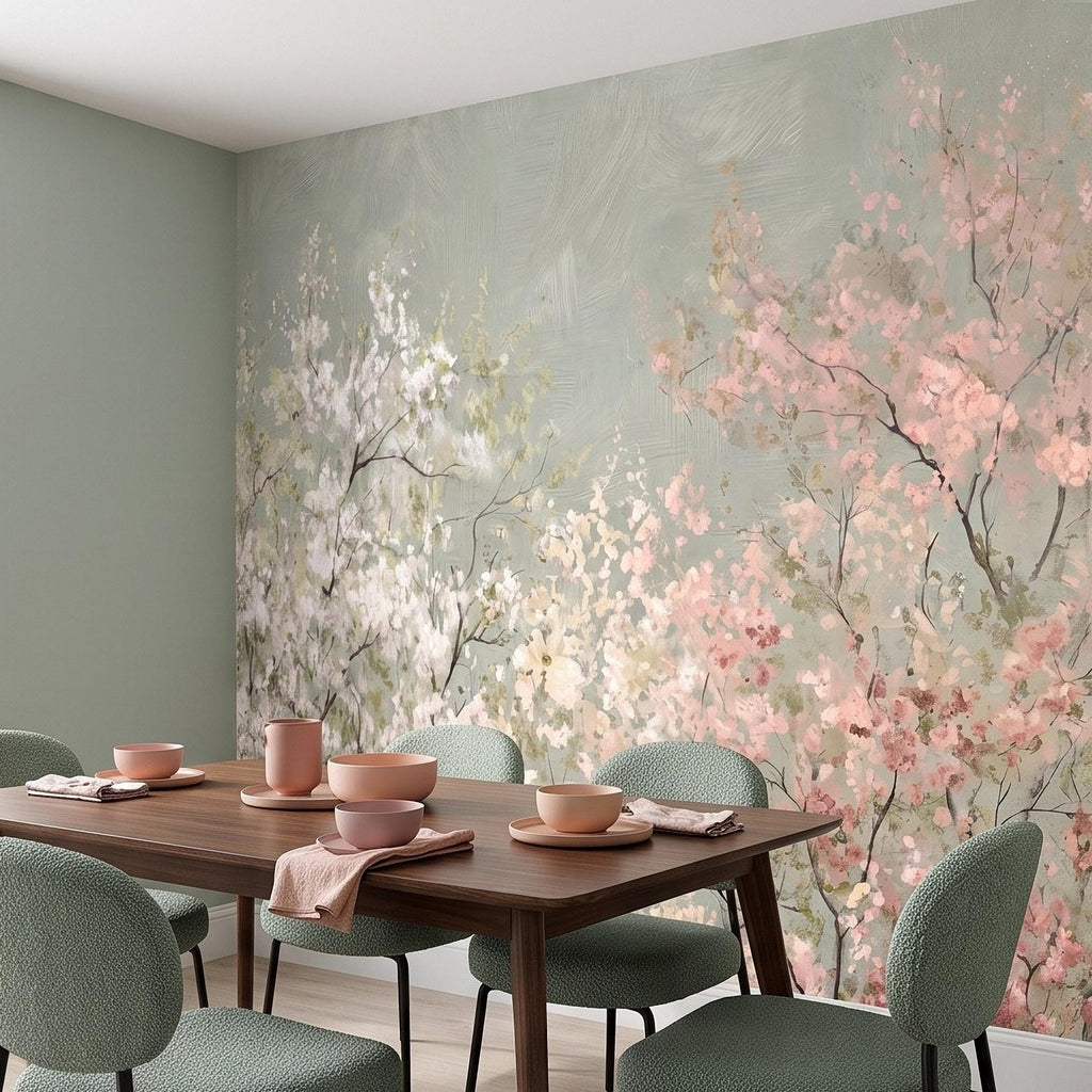 Cherry Blossom Peel and Stick Wall Mural, Soft Spring Blossom Trees, Painterly Botanical Branches White and Pink Floral Wallpaper