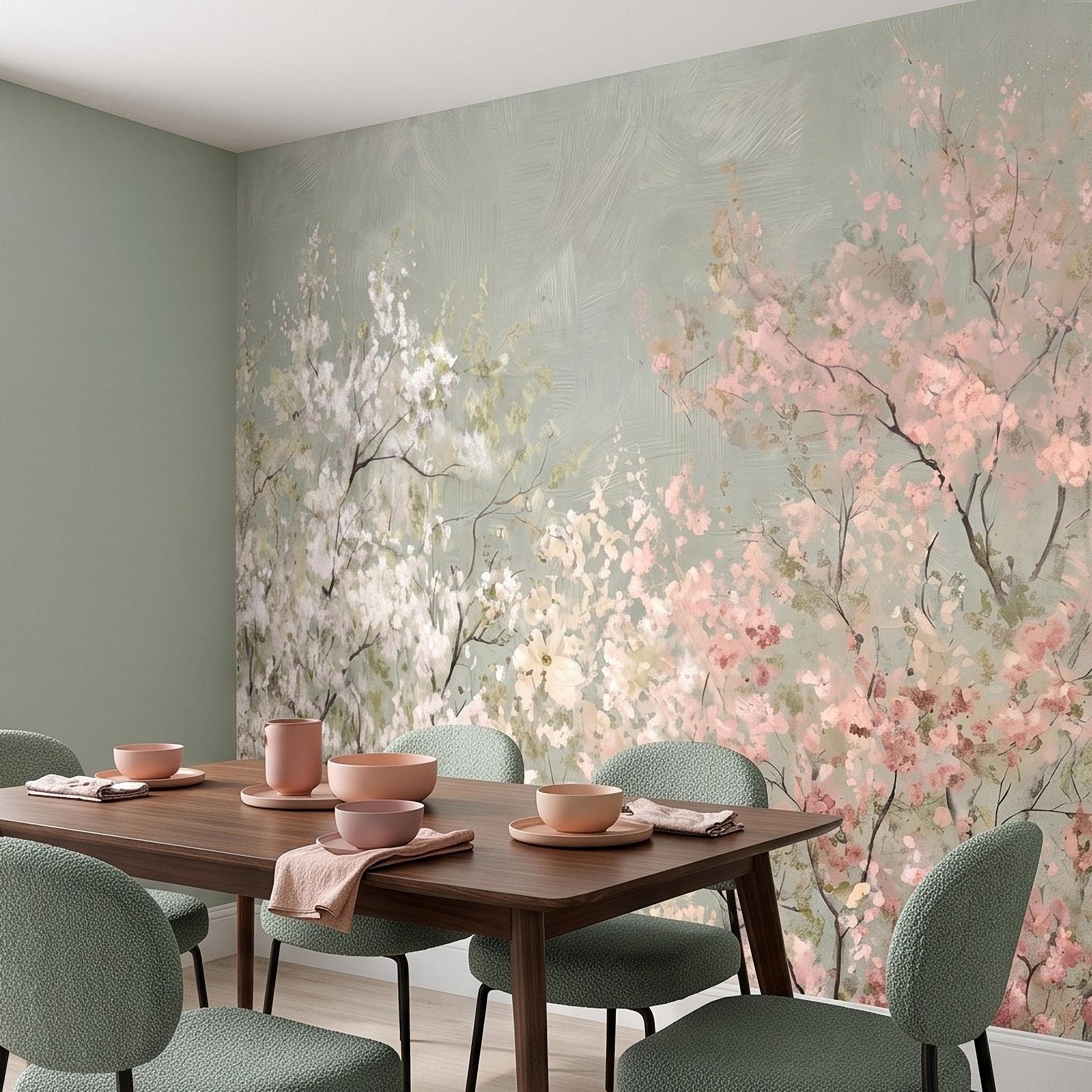 Cherry Blossom Peel and Stick Wall Mural, Soft Spring Blossom Trees, Painterly Botanical Branches White and Pink Floral Wallpaper