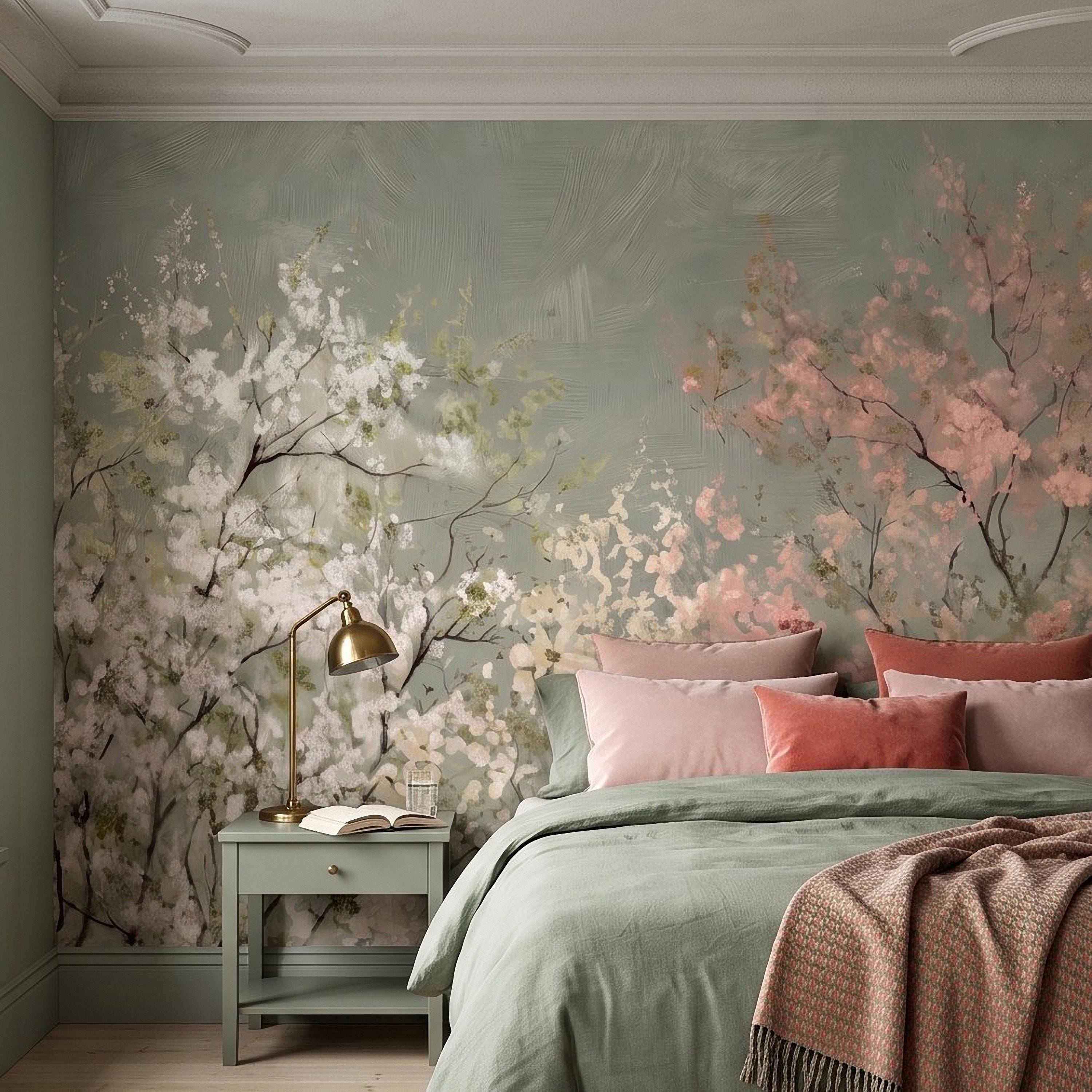 Cherry Blossom Peel and Stick Wall Mural, Soft Spring Blossom Trees, Painterly Botanical Branches White and Pink Floral Wallpaper