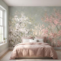 Cherry Blossom Peel and Stick Wall Mural, Soft Spring Blossom Trees, Painterly Botanical Branches White and Pink Floral Wallpaper