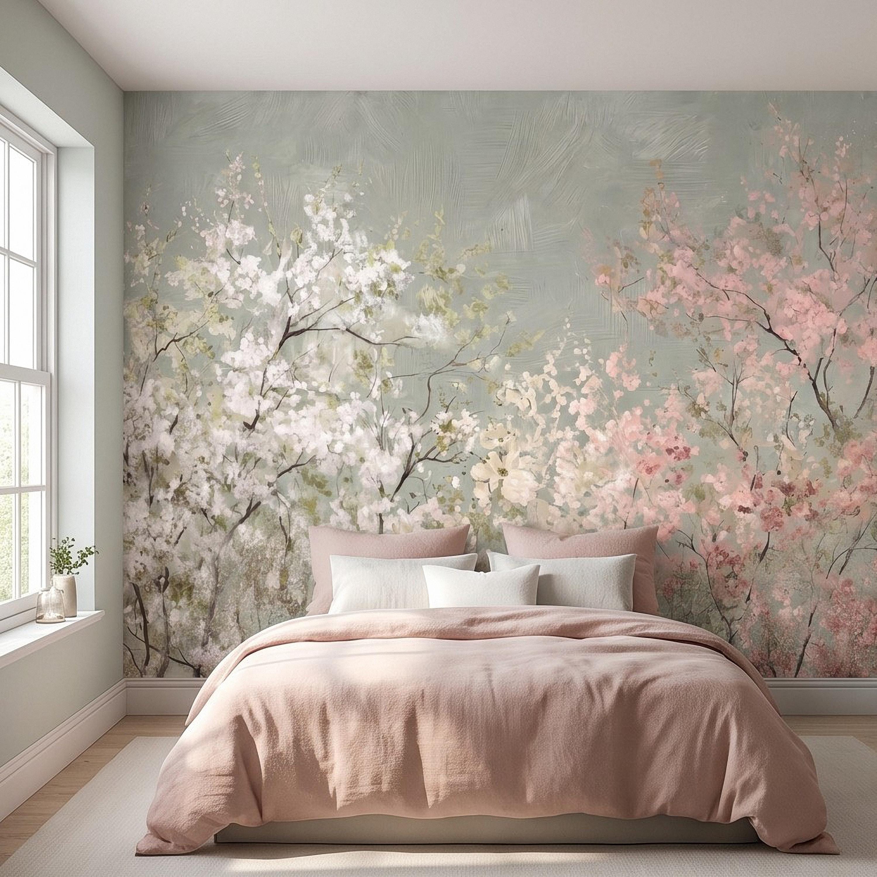 Cherry Blossom Peel and Stick Wall Mural, Soft Spring Blossom Trees, Painterly Botanical Branches White and Pink Floral Wallpaper