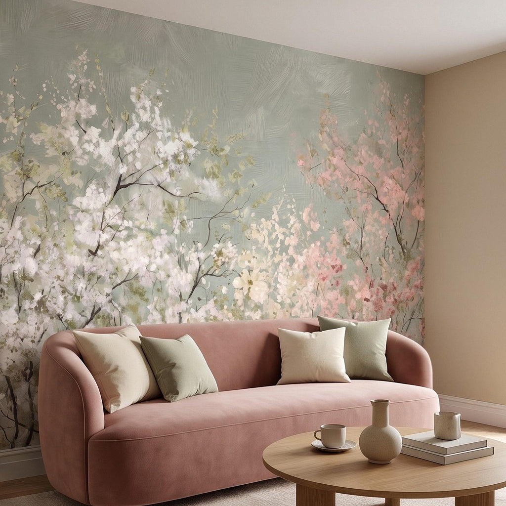 Cherry Blossom Peel and Stick Wall Mural, Soft Spring Blossom Trees, Painterly Botanical Branches White and Pink Floral Wallpaper