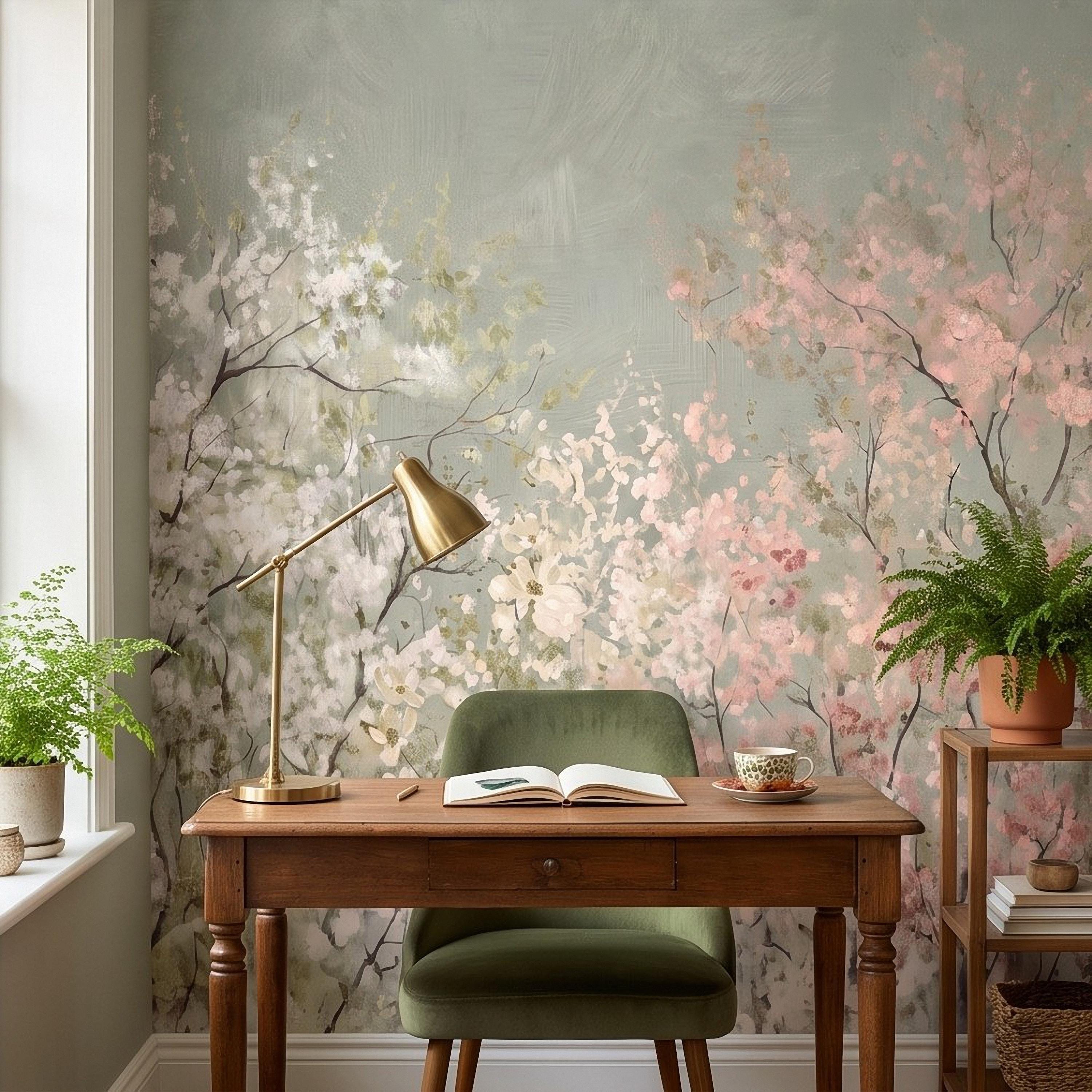 Cherry Blossom Peel and Stick Wall Mural, Soft Spring Blossom Trees, Painterly Botanical Branches White and Pink Floral Wallpaper