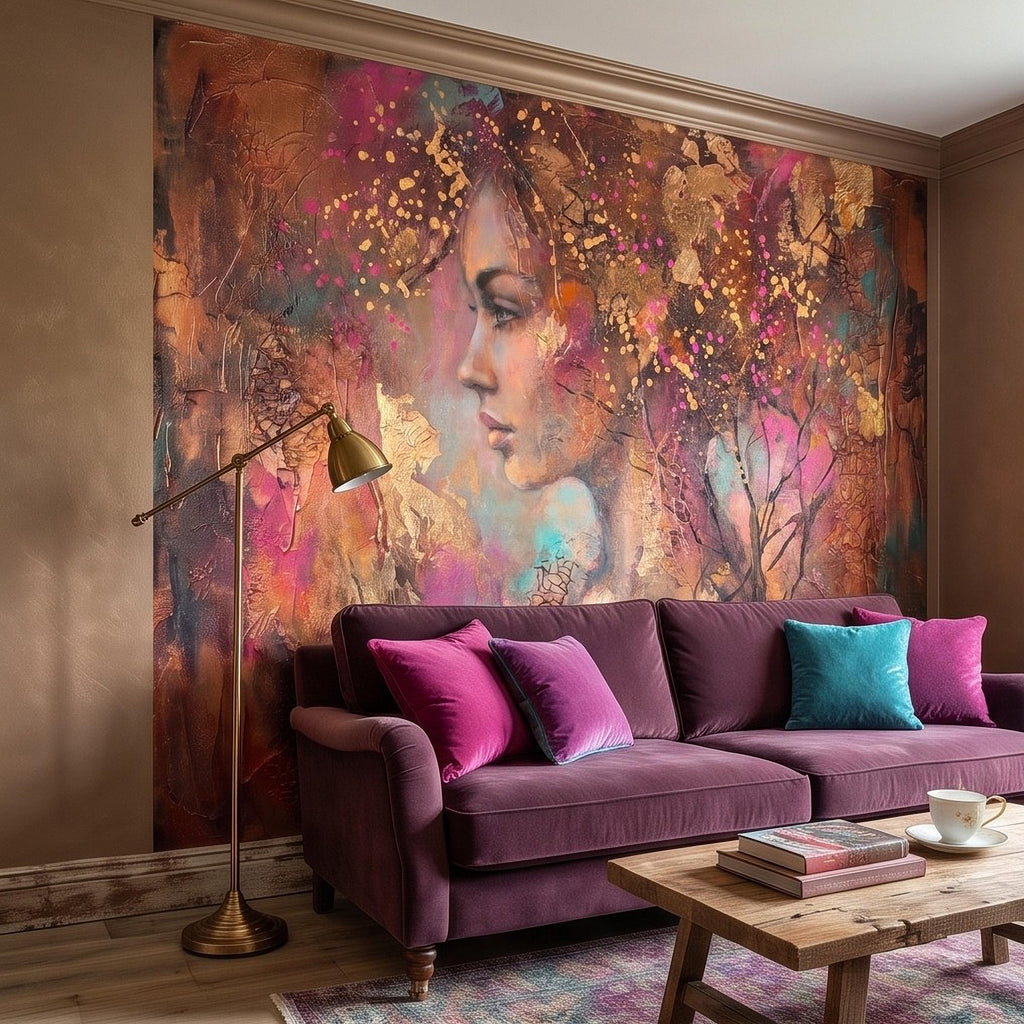 Abstract Female Portrait Peel and Stick Wall Mural, Textured Mixed Media Artwork, Expressive Woman Profile Contemporary Wallpaper