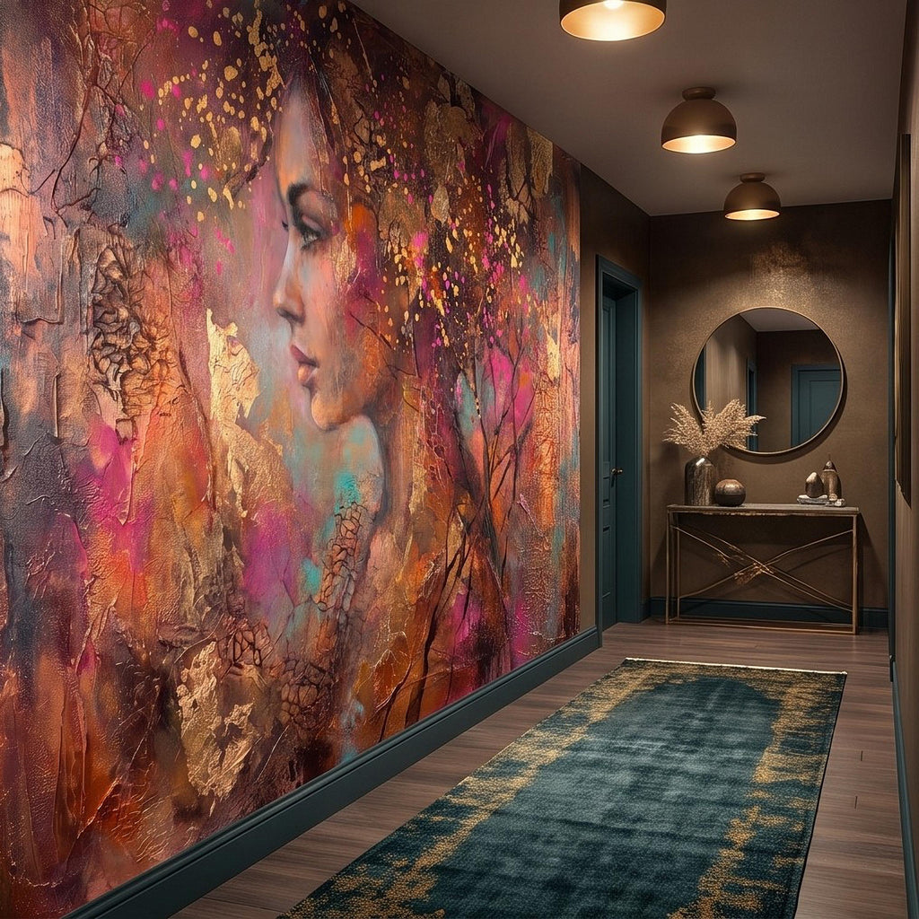 Abstract Female Portrait Peel and Stick Wall Mural, Textured Mixed Media Artwork, Expressive Woman Profile Contemporary Wallpaper