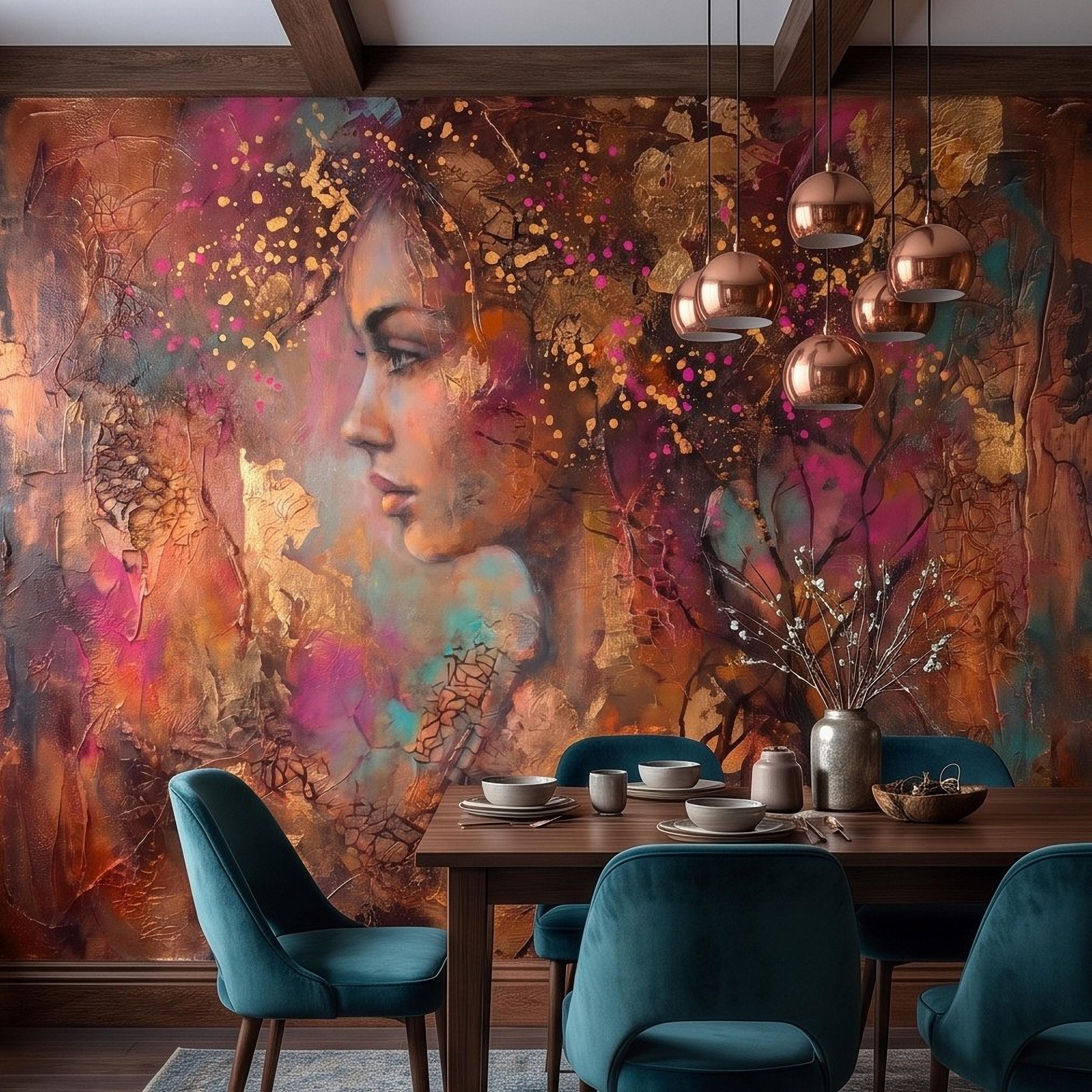 Abstract Female Portrait Peel and Stick Wall Mural, Textured Mixed Media Artwork, Expressive Woman Profile Contemporary Wallpaper