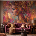 Abstract Female Portrait Peel and Stick Wall Mural, Textured Mixed Media Artwork, Expressive Woman Profile Contemporary Wallpaper