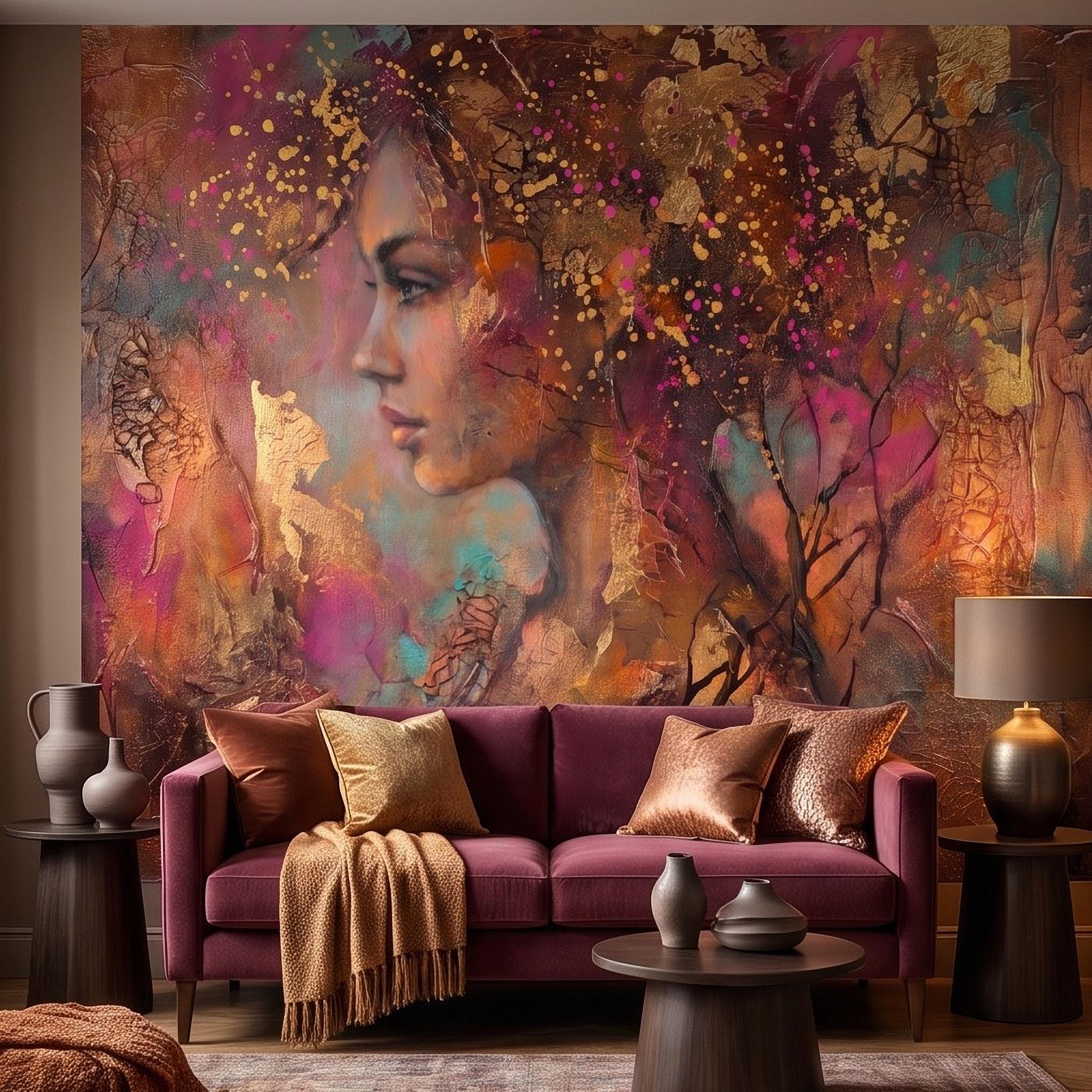Abstract Female Portrait Peel and Stick Wall Mural, Textured Mixed Media Artwork, Expressive Woman Profile Contemporary Wallpaper