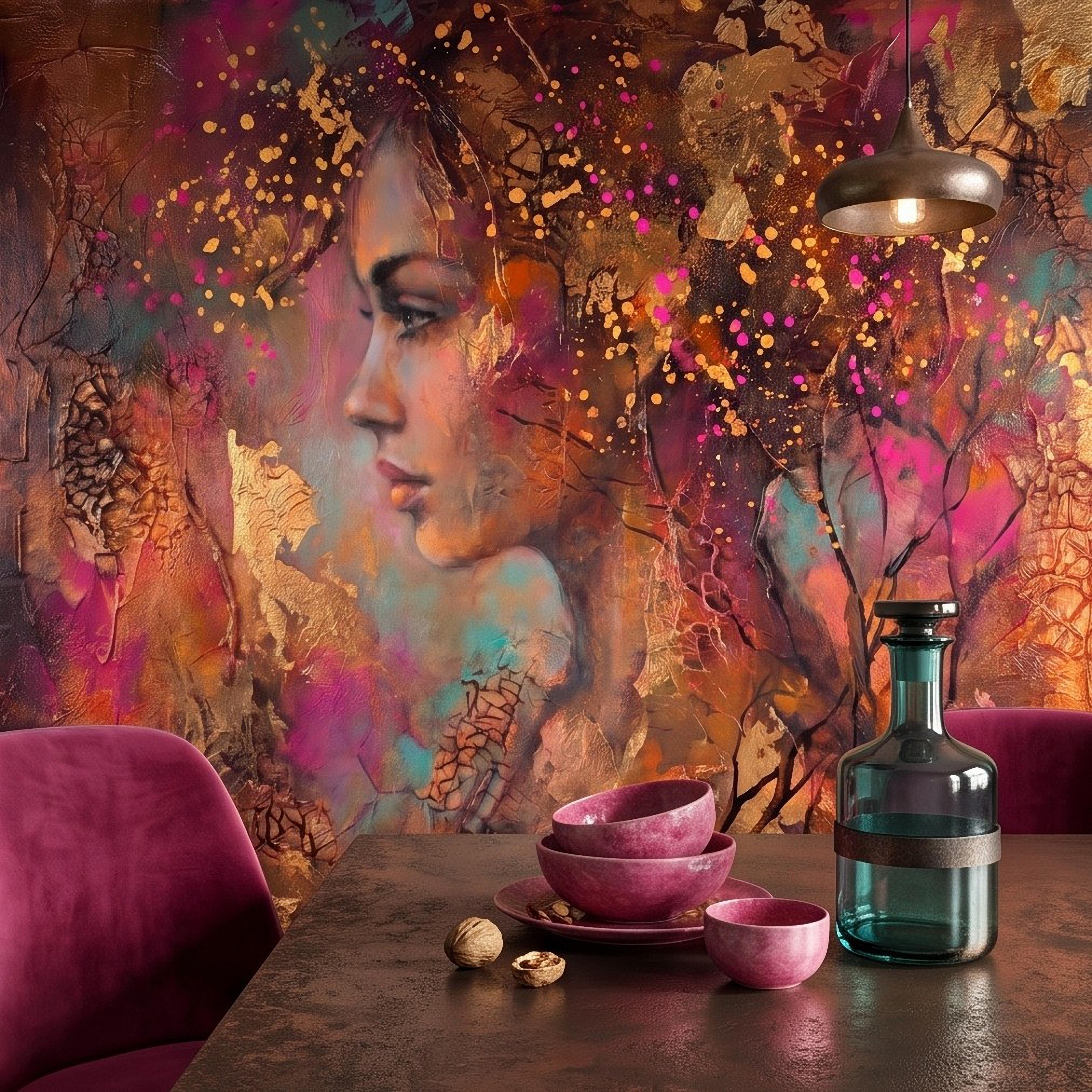 Abstract Female Portrait Peel and Stick Wall Mural, Textured Mixed Media Artwork, Expressive Woman Profile Contemporary Wallpaper