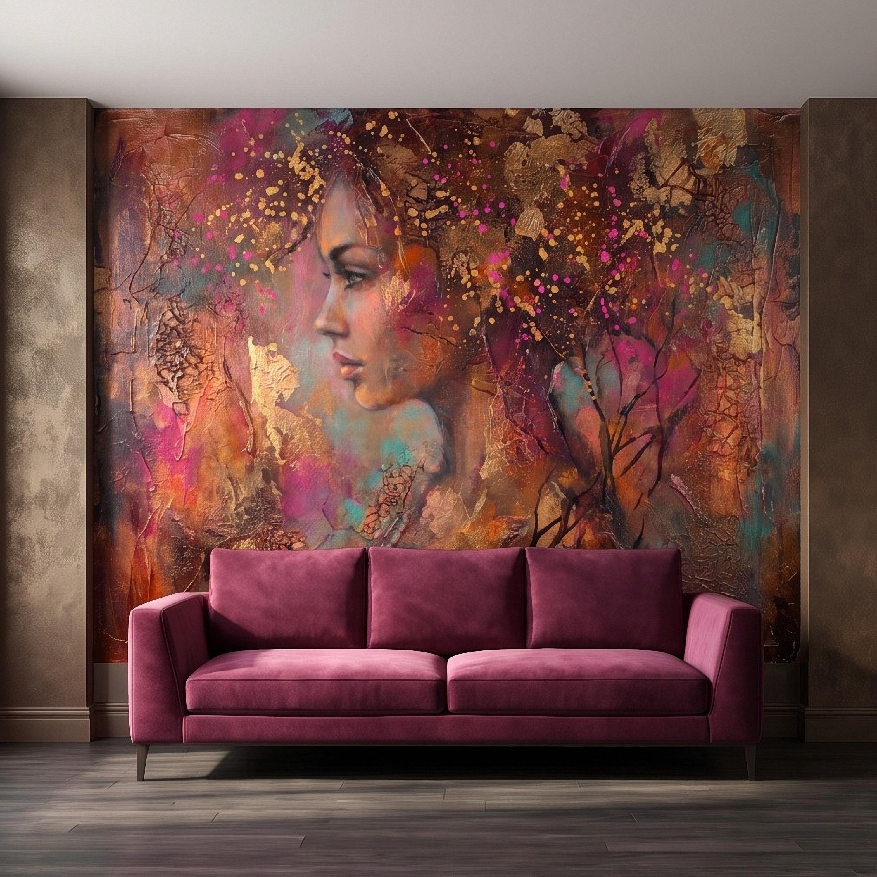 Abstract Female Portrait Peel and Stick Wall Mural, Textured Mixed Media Artwork, Expressive Woman Profile Contemporary Wallpaper