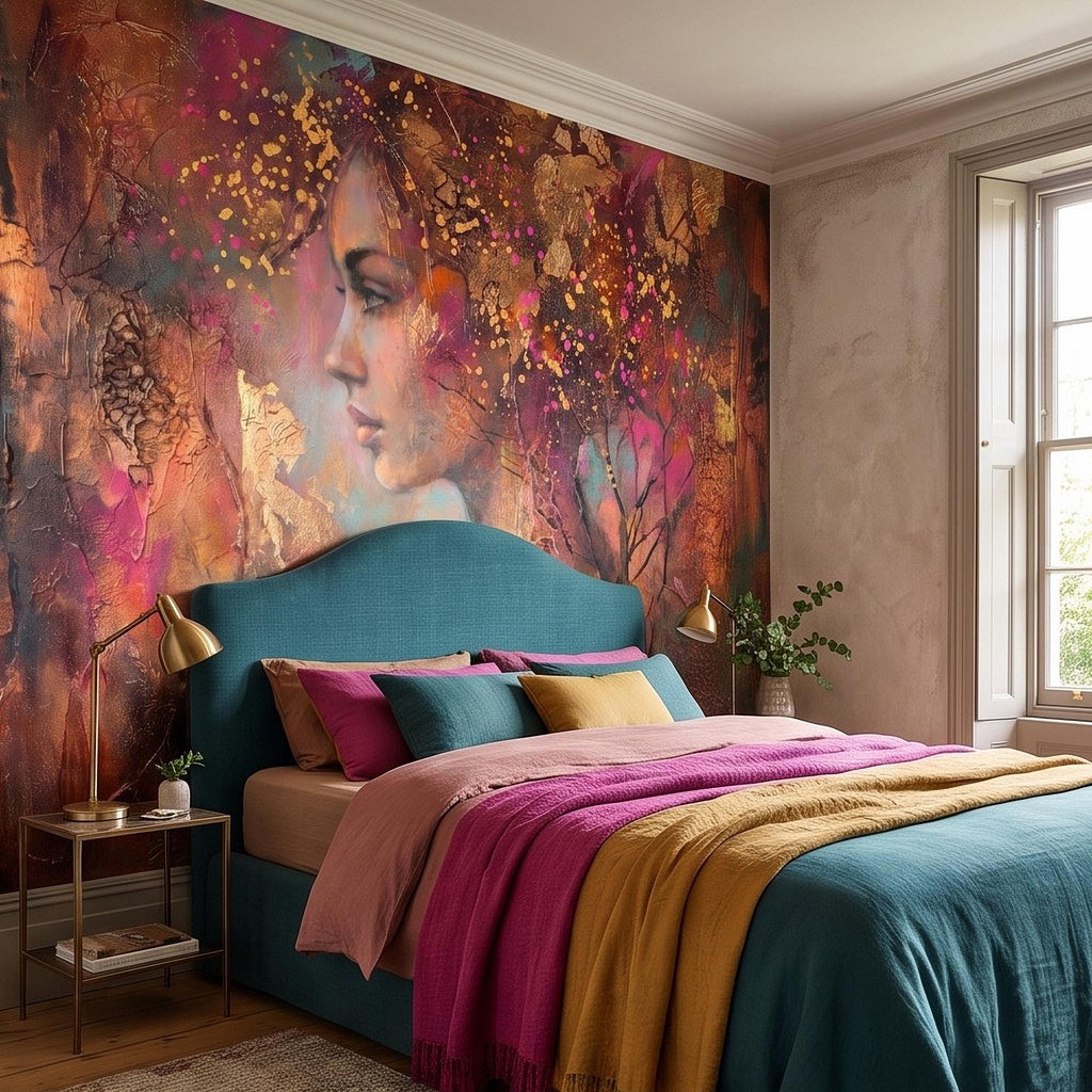 Abstract Female Portrait Peel and Stick Wall Mural, Textured Mixed Media Artwork, Expressive Woman Profile Contemporary Wallpaper