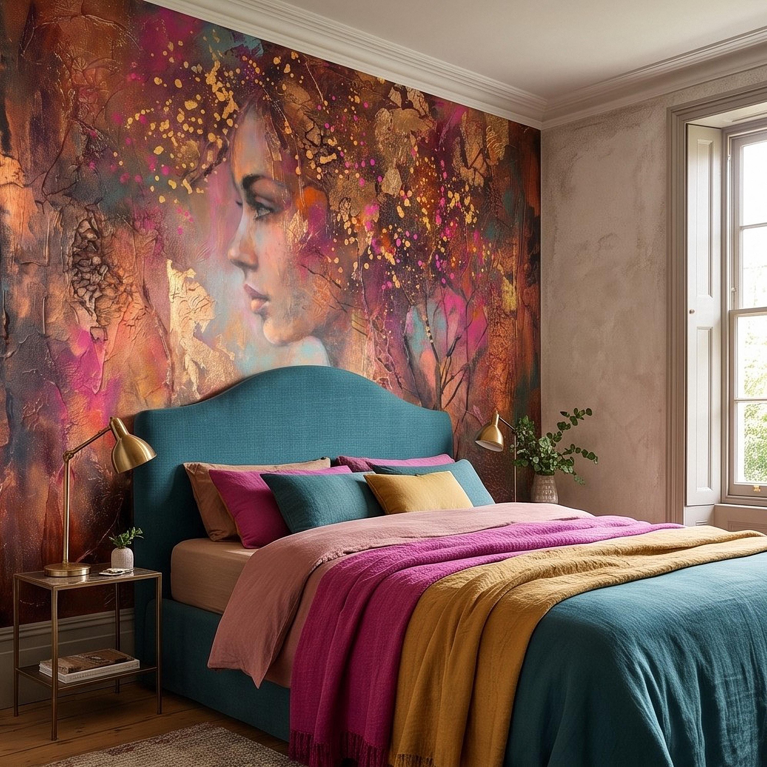 Abstract Female Portrait Peel and Stick Wall Mural, Textured Mixed Media Artwork, Expressive Woman Profile Contemporary Wallpaper