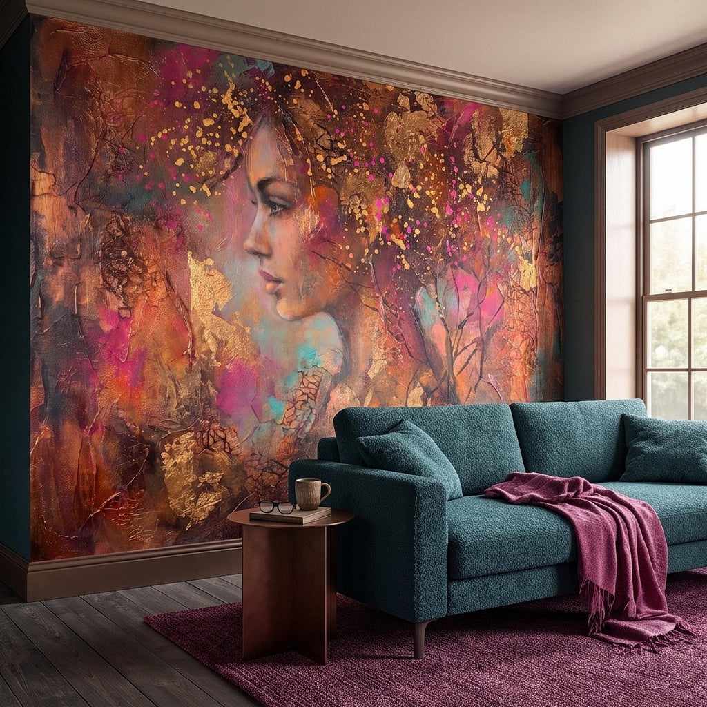 Abstract Female Portrait Peel and Stick Wall Mural, Textured Mixed Media Artwork, Expressive Woman Profile Contemporary Wallpaper