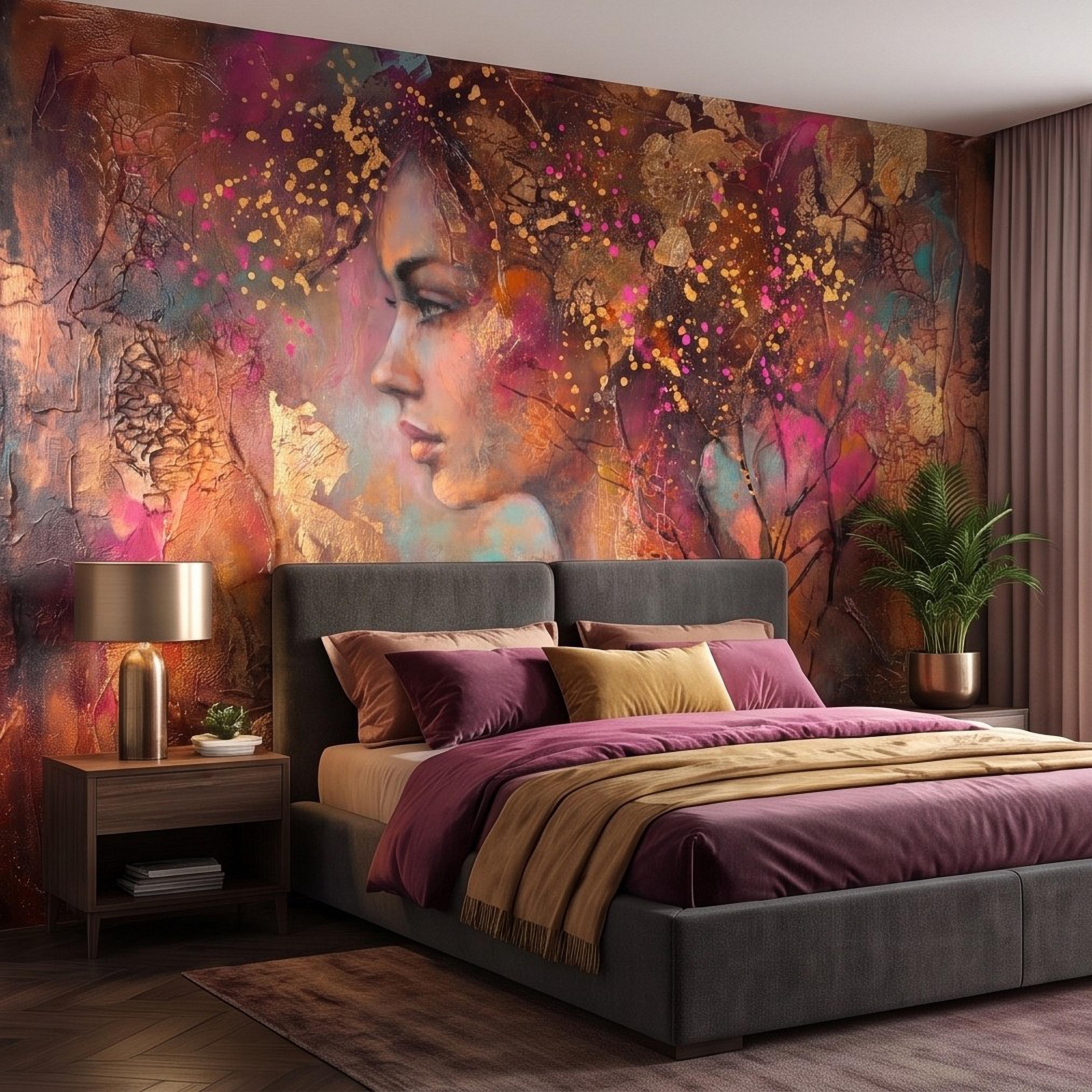 Abstract Female Portrait Peel and Stick Wall Mural, Textured Mixed Media Artwork, Expressive Woman Profile Contemporary Wallpaper