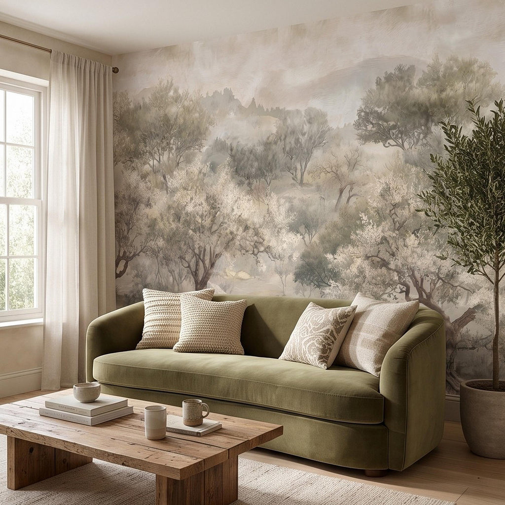 Olive Tree Peel and Stick Wall Mural, Misty Mediterranean Grove, Painterly Ancient Olive Orchard Rustic Countryside Wallpaper