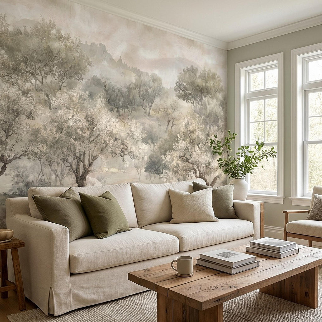 Olive Tree Peel and Stick Wall Mural, Misty Mediterranean Grove, Painterly Ancient Olive Orchard Rustic Countryside Wallpaper