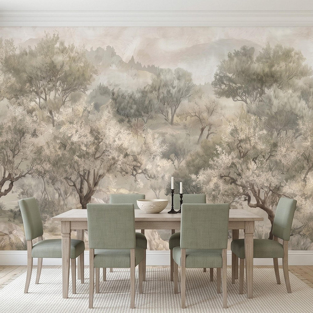 Olive Tree Peel and Stick Wall Mural, Misty Mediterranean Grove, Painterly Ancient Olive Orchard Rustic Countryside Wallpaper