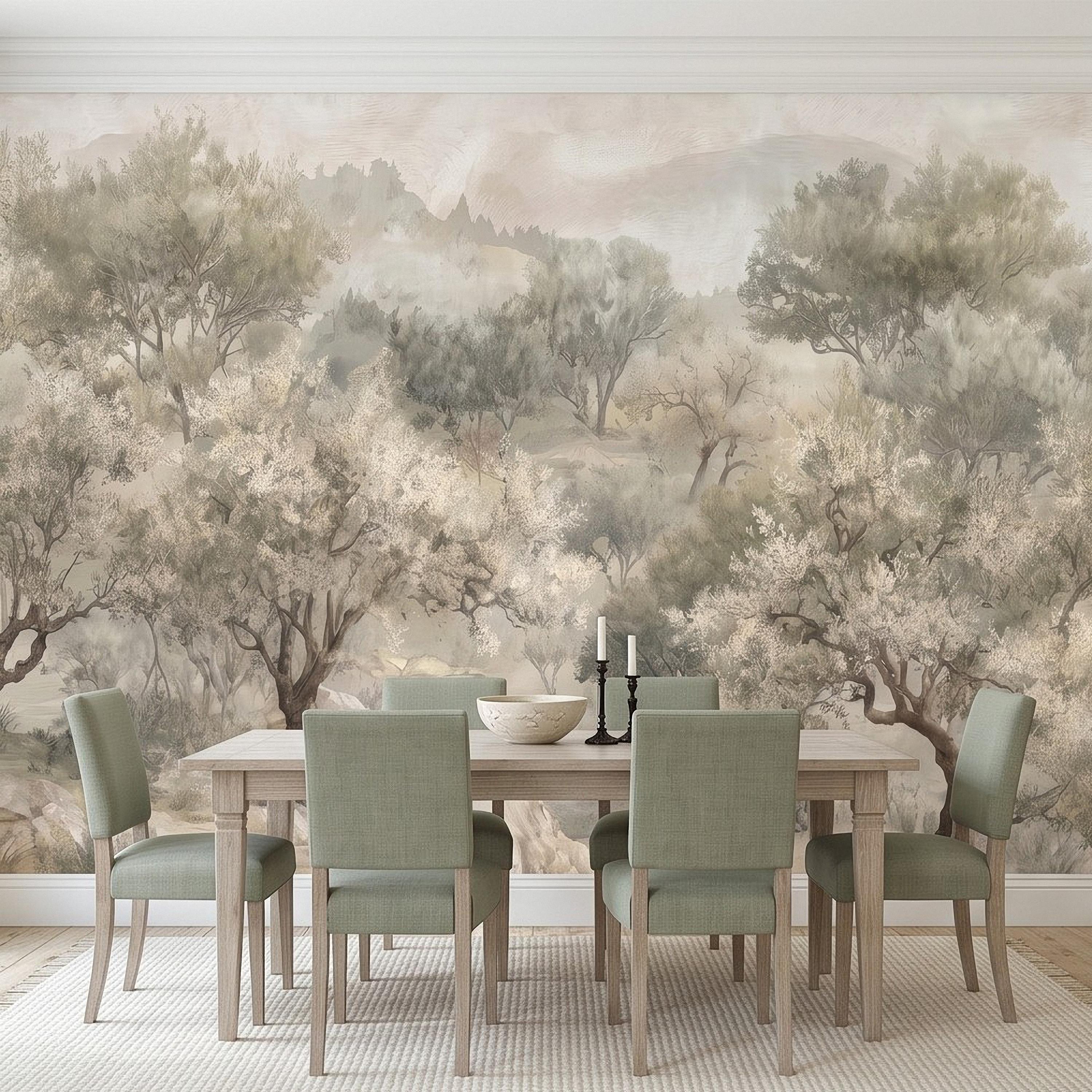 Olive Tree Peel and Stick Wall Mural, Misty Mediterranean Grove, Painterly Ancient Olive Orchard Rustic Countryside Wallpaper