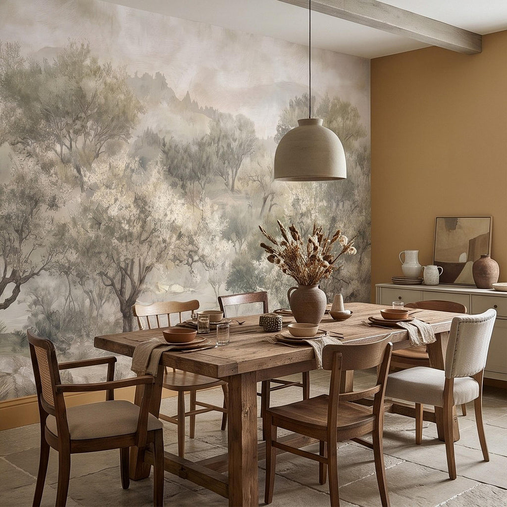 Olive Tree Peel and Stick Wall Mural, Misty Mediterranean Grove, Painterly Ancient Olive Orchard Rustic Countryside Wallpaper