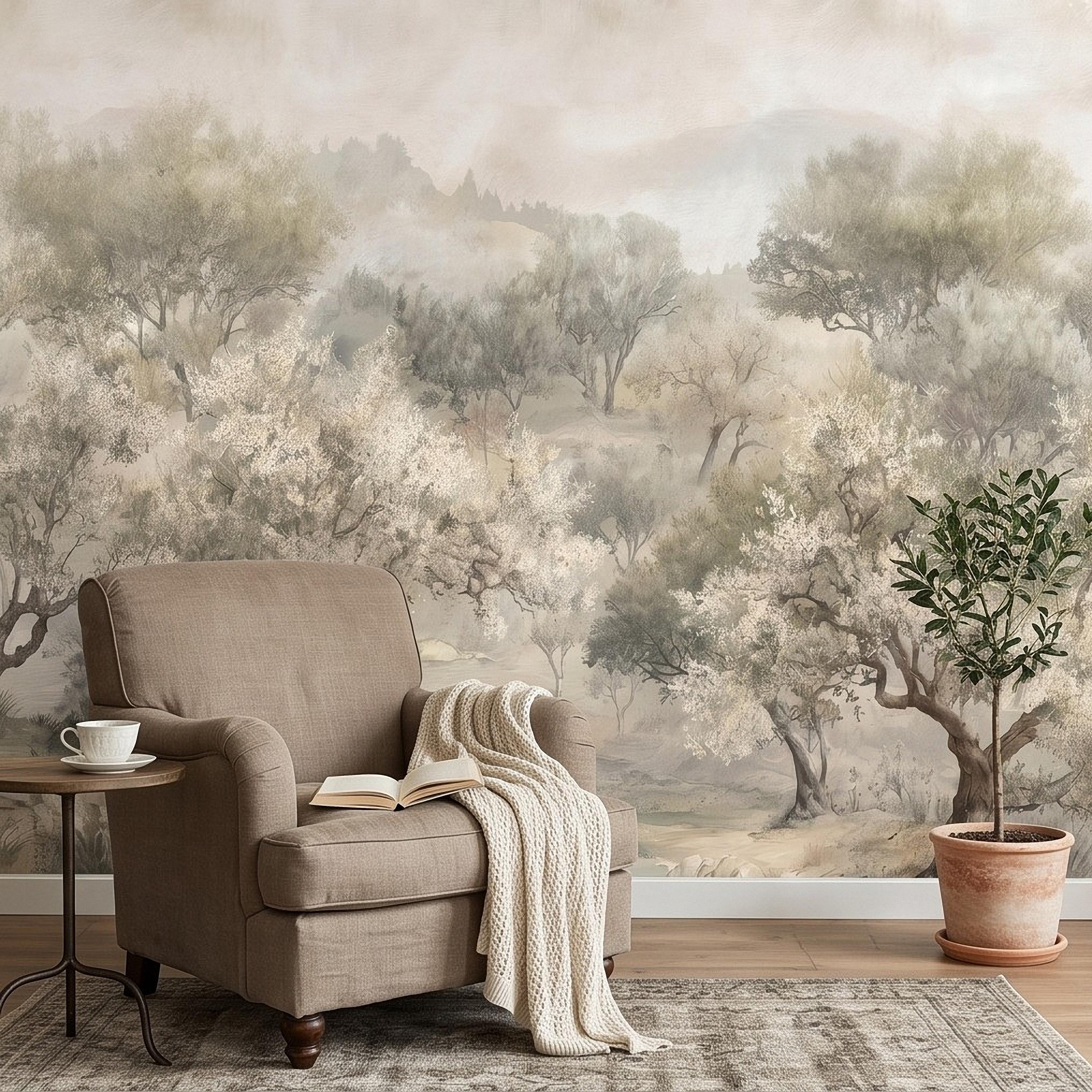 Olive Tree Peel and Stick Wall Mural, Misty Mediterranean Grove, Painterly Ancient Olive Orchard Rustic Countryside Wallpaper