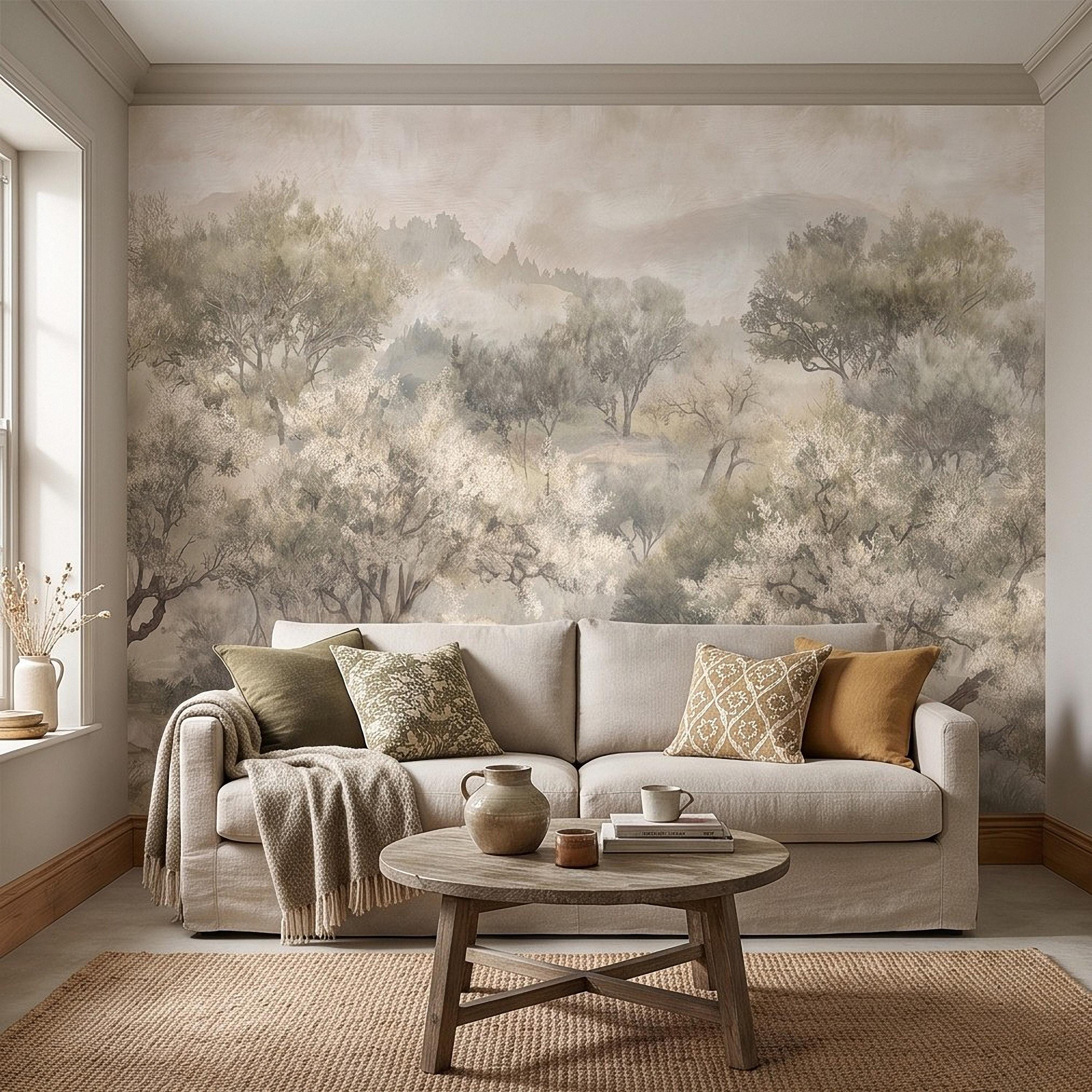 Olive Tree Peel and Stick Wall Mural, Misty Mediterranean Grove, Painterly Ancient Olive Orchard Rustic Countryside Wallpaper