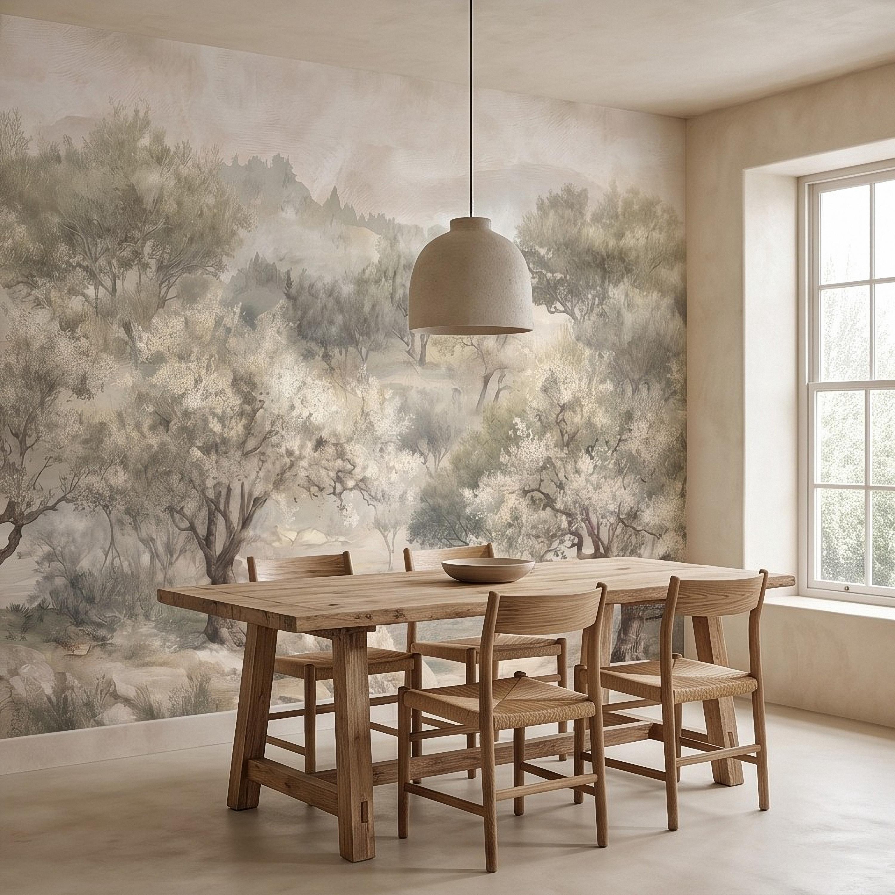 Olive Tree Peel and Stick Wall Mural, Misty Mediterranean Grove, Painterly Ancient Olive Orchard Rustic Countryside Wallpaper
