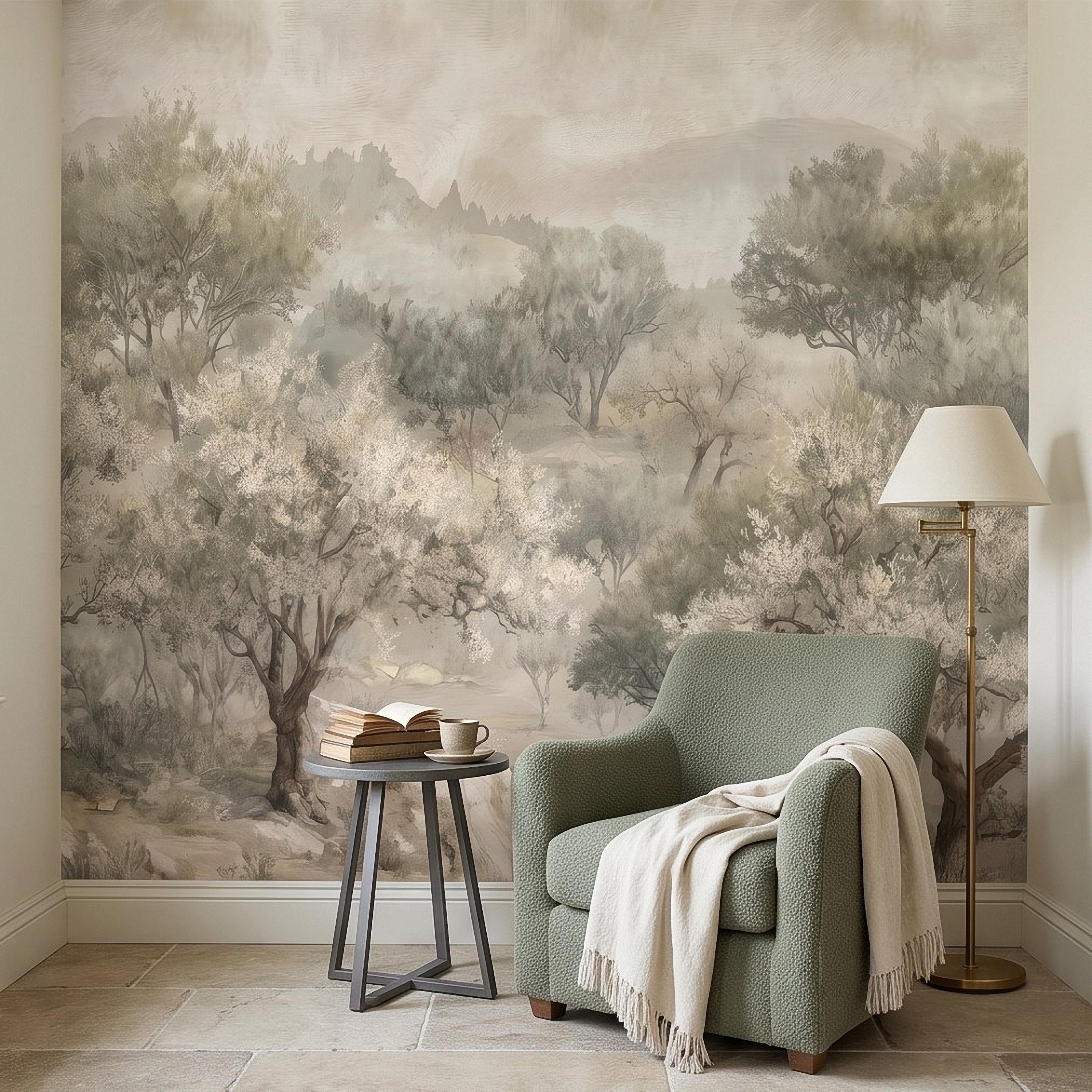 Olive Tree Peel and Stick Wall Mural, Misty Mediterranean Grove, Painterly Ancient Olive Orchard Rustic Countryside Wallpaper