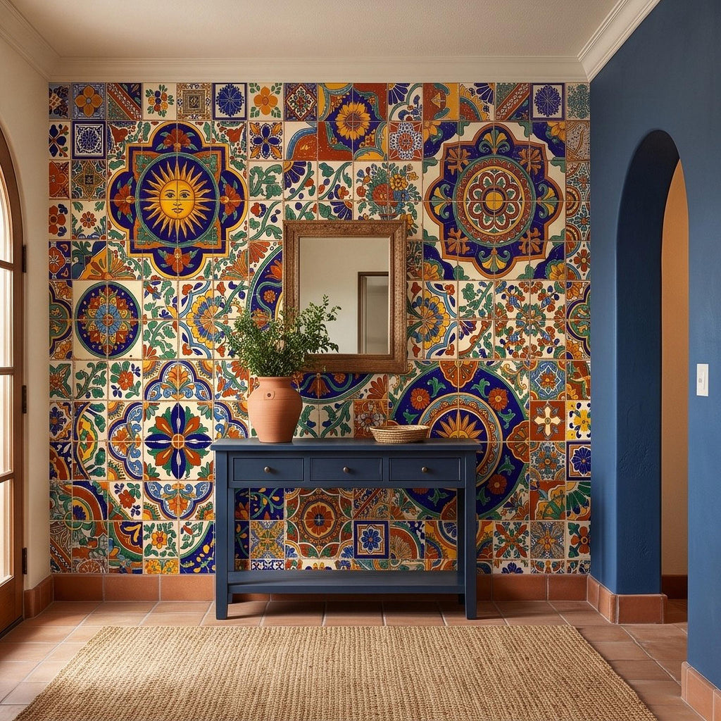 Mexican Talavera Ceramic Tiles Peel and Stick Wall Mural, Vibrant Hacienda Tile Pattern, Hand Painted Ceramic Wallpaper
