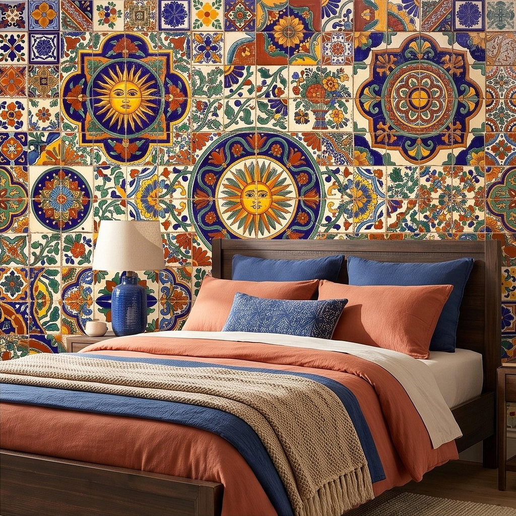 Mexican Talavera Ceramic Tiles Peel and Stick Wall Mural, Vibrant Hacienda Tile Pattern, Hand Painted Ceramic Wallpaper