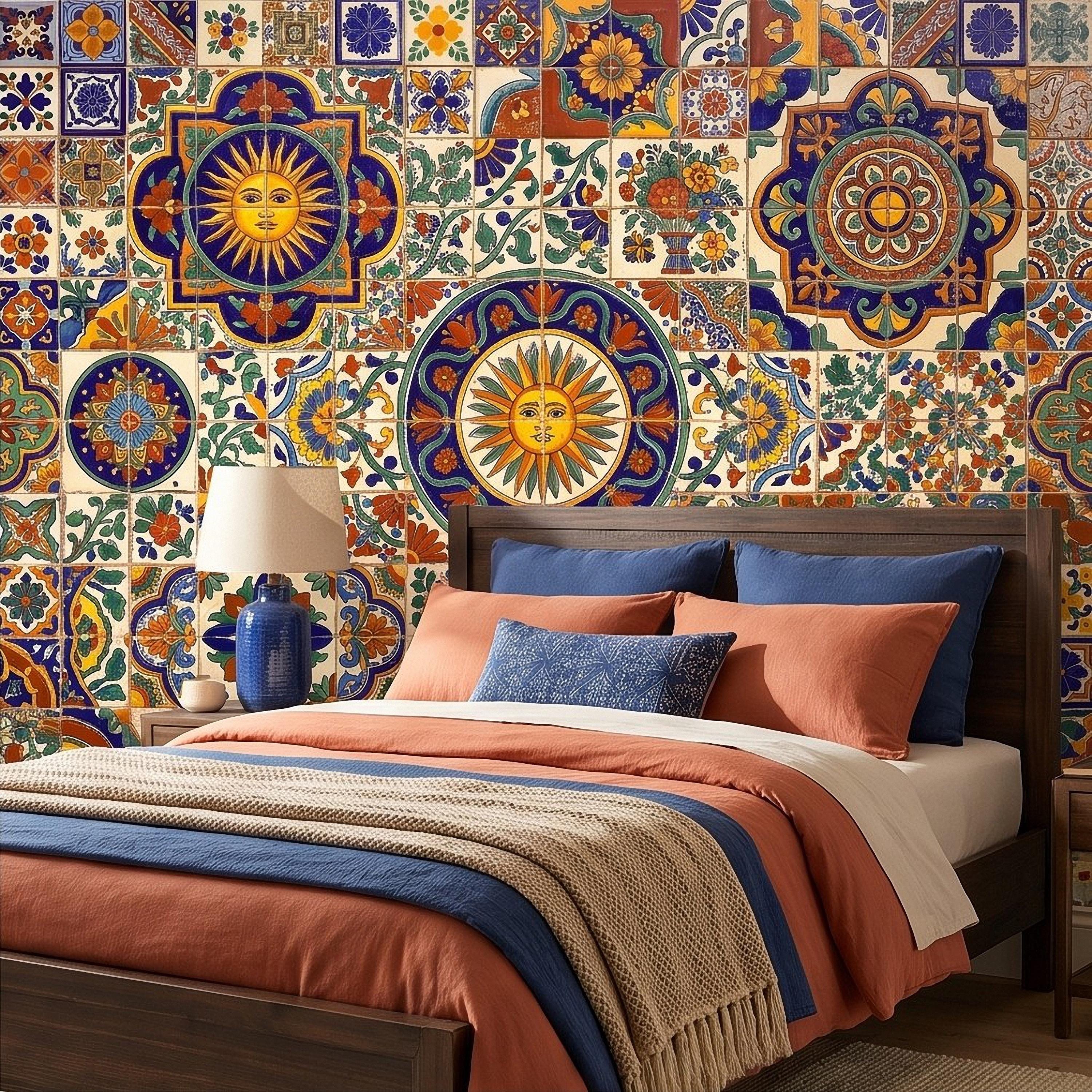 Mexican Talavera Ceramic Tiles Peel and Stick Wall Mural, Vibrant Hacienda Tile Pattern, Hand Painted Ceramic Wallpaper