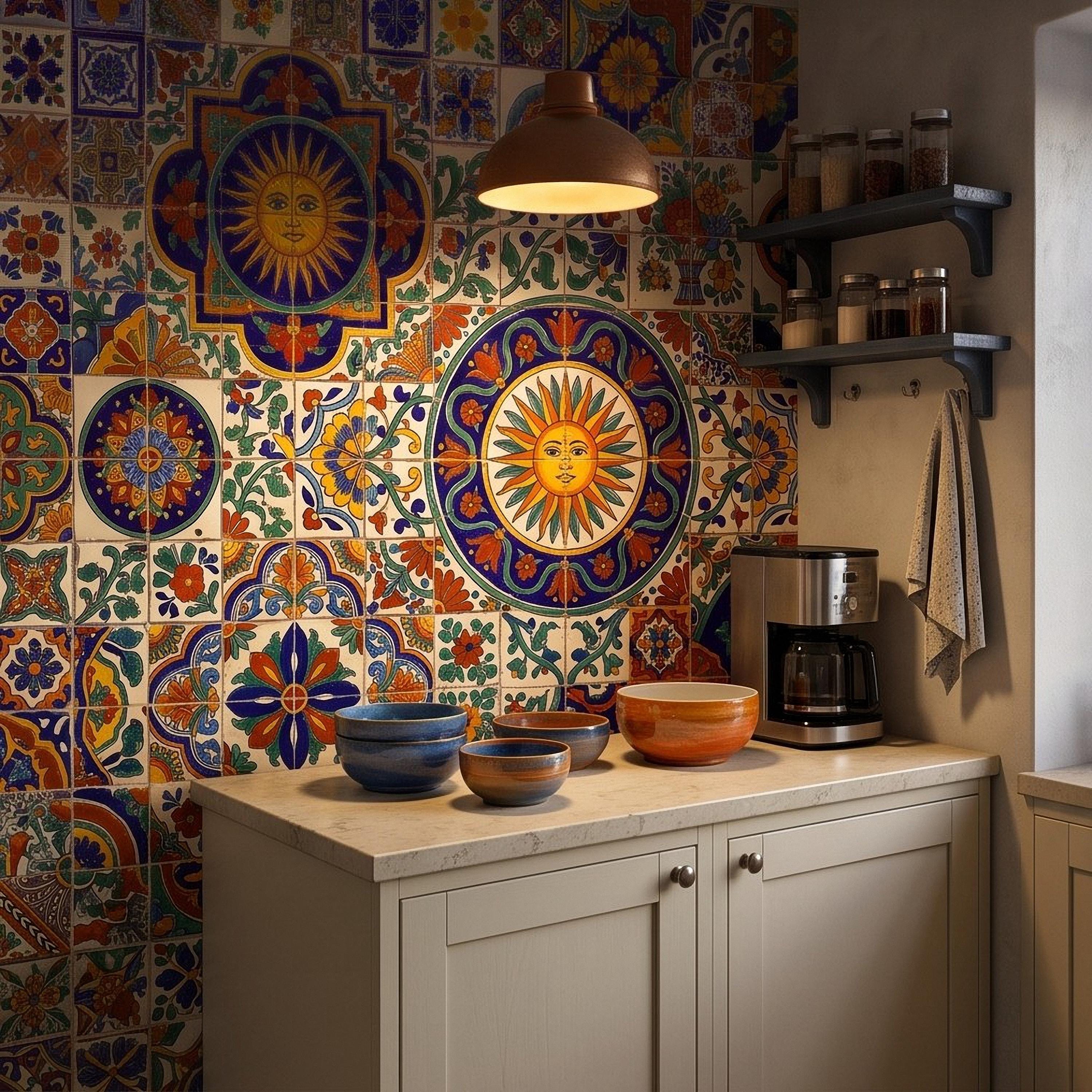 Mexican Talavera Ceramic Tiles Peel and Stick Wall Mural, Vibrant Hacienda Tile Pattern, Hand Painted Ceramic Wallpaper