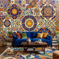 Mexican Talavera Ceramic Tiles Peel and Stick Wall Mural, Vibrant Hacienda Tile Pattern, Hand Painted Ceramic Wallpaper