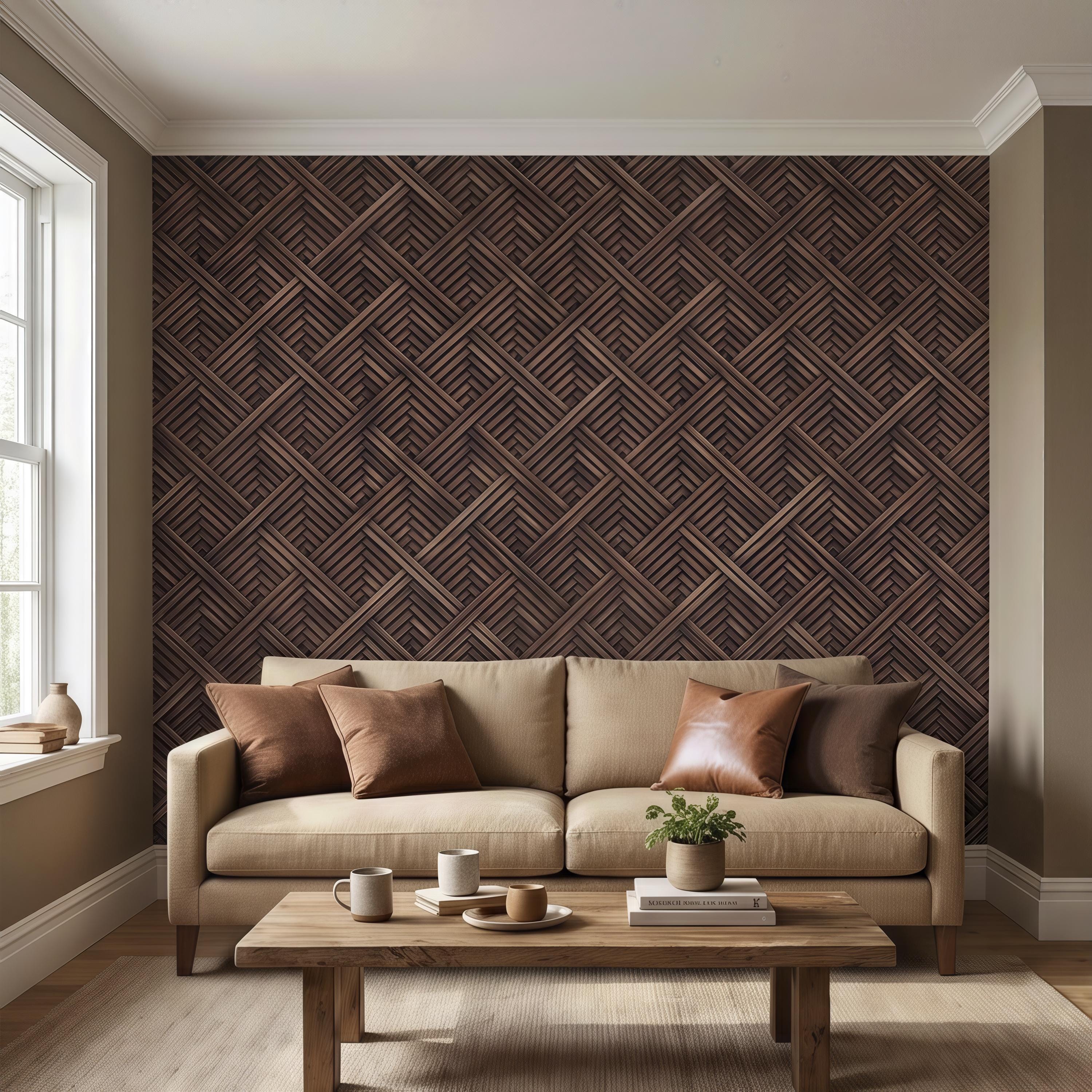 3D Woven Wood Peel and Stick Wall Mural, Architectural Basket Weave Pattern, Geometric Walnut Texture Wallpaper