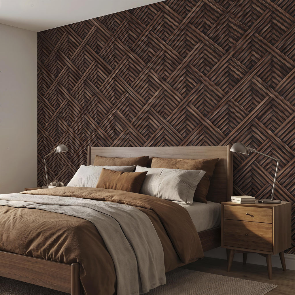 3D Woven Wood Peel and Stick Wall Mural, Architectural Basket Weave Pattern, Geometric Walnut Texture Wallpaper