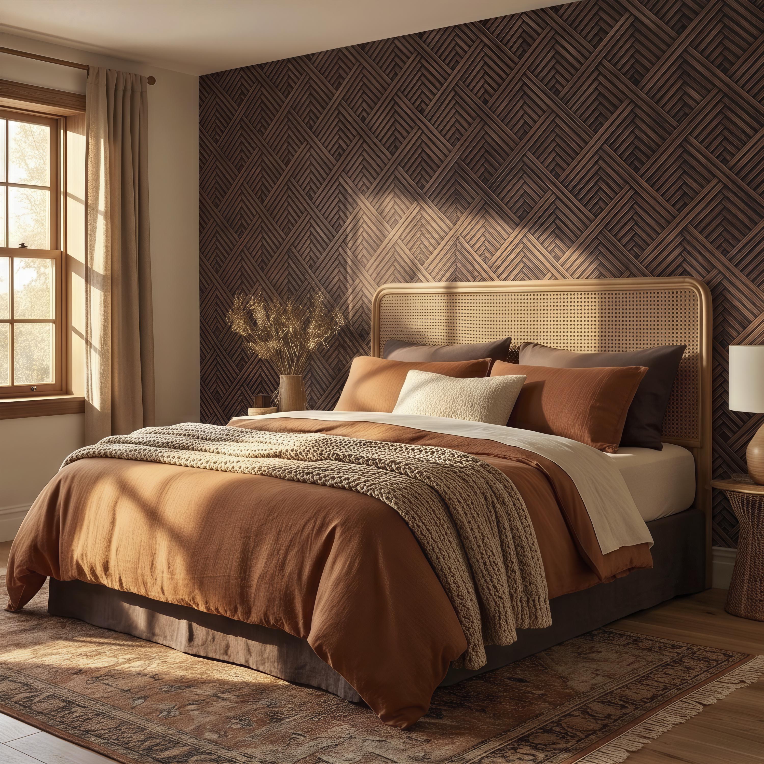 3D Woven Wood Peel and Stick Wall Mural, Architectural Basket Weave Pattern, Geometric Walnut Texture Wallpaper