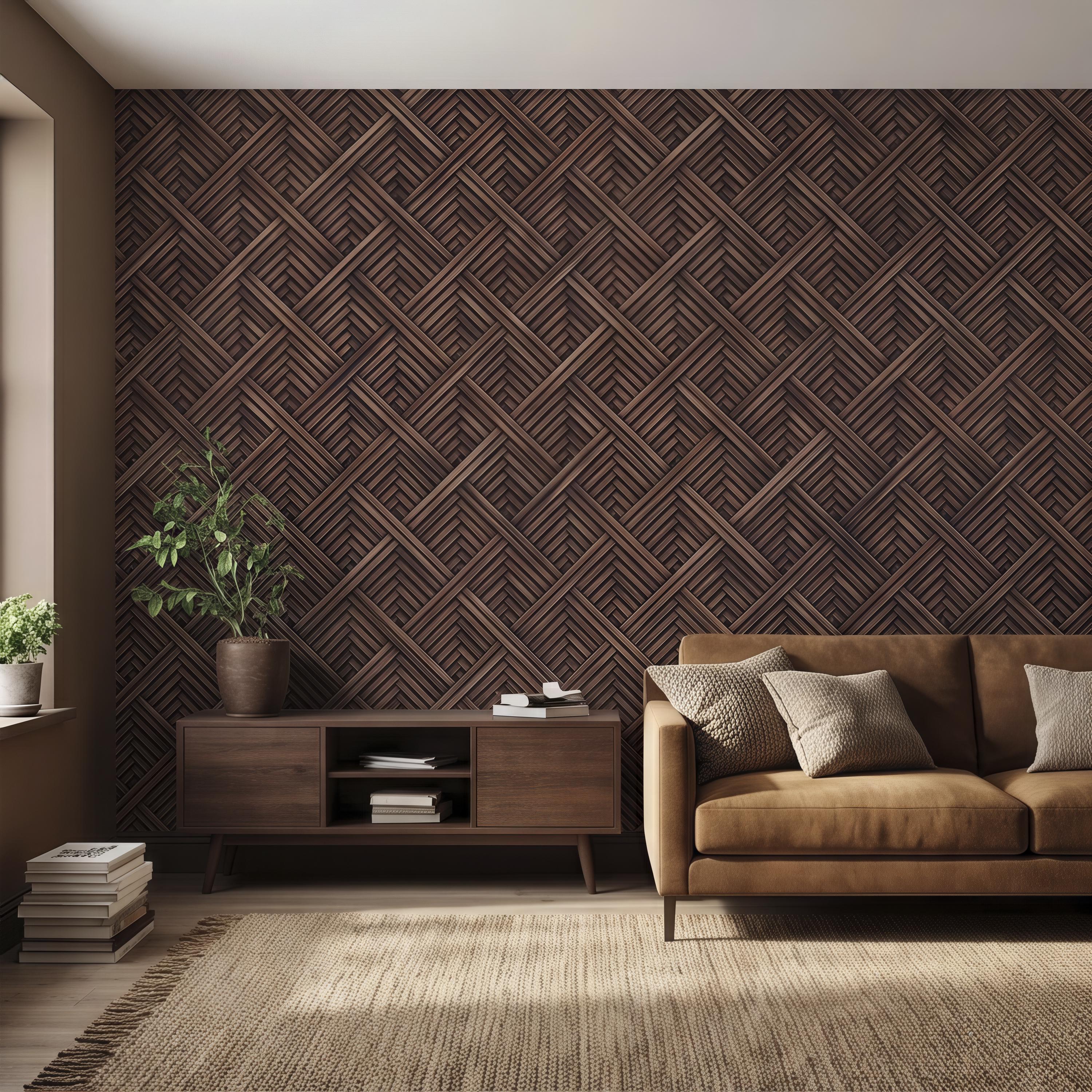 3D Woven Wood Peel and Stick Wall Mural, Architectural Basket Weave Pattern, Geometric Walnut Texture Wallpaper