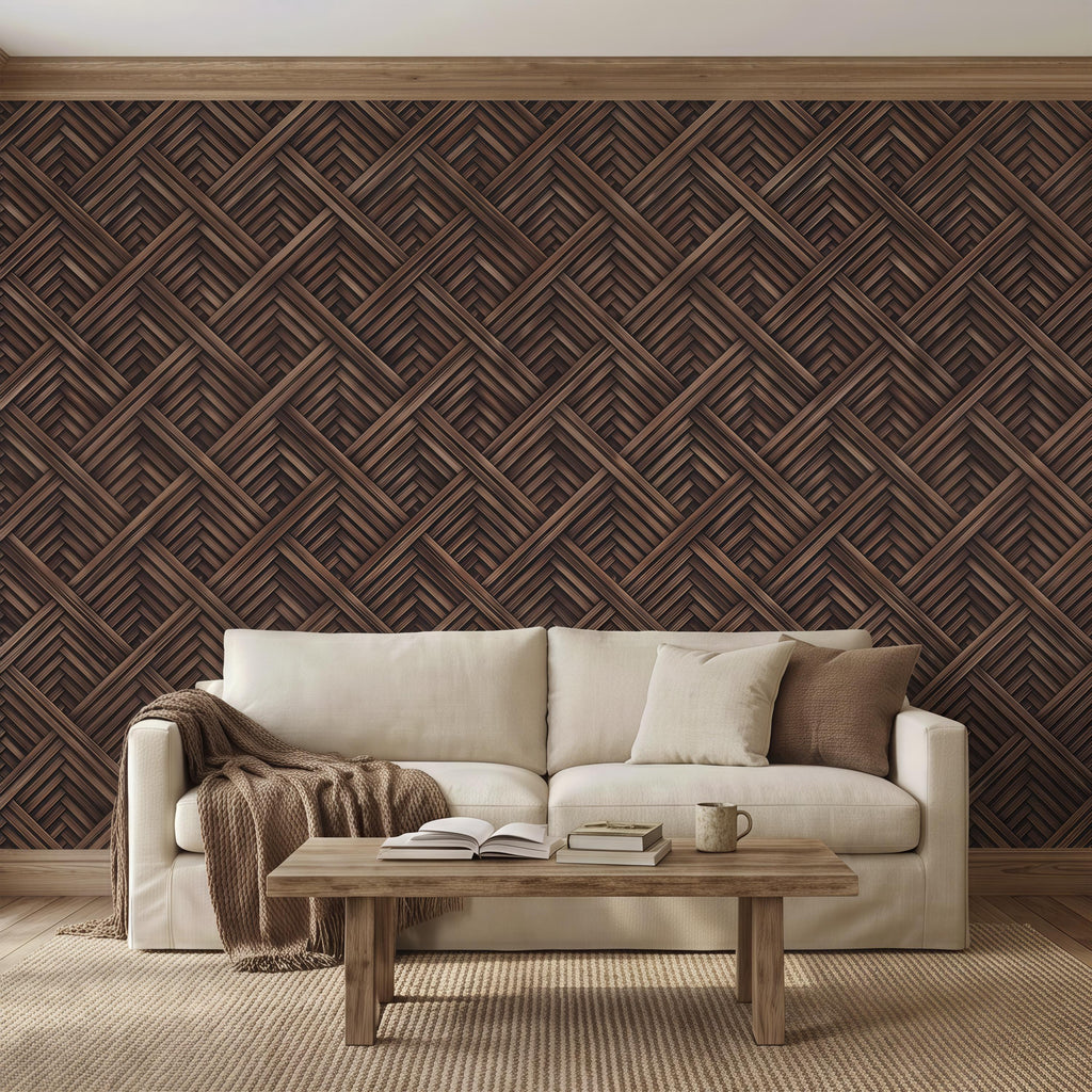 3D Woven Wood Peel and Stick Wall Mural, Architectural Basket Weave Pattern, Geometric Walnut Texture Wallpaper