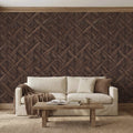 3D Woven Wood Peel and Stick Wall Mural, Architectural Basket Weave Pattern, Geometric Walnut Texture Wallpaper