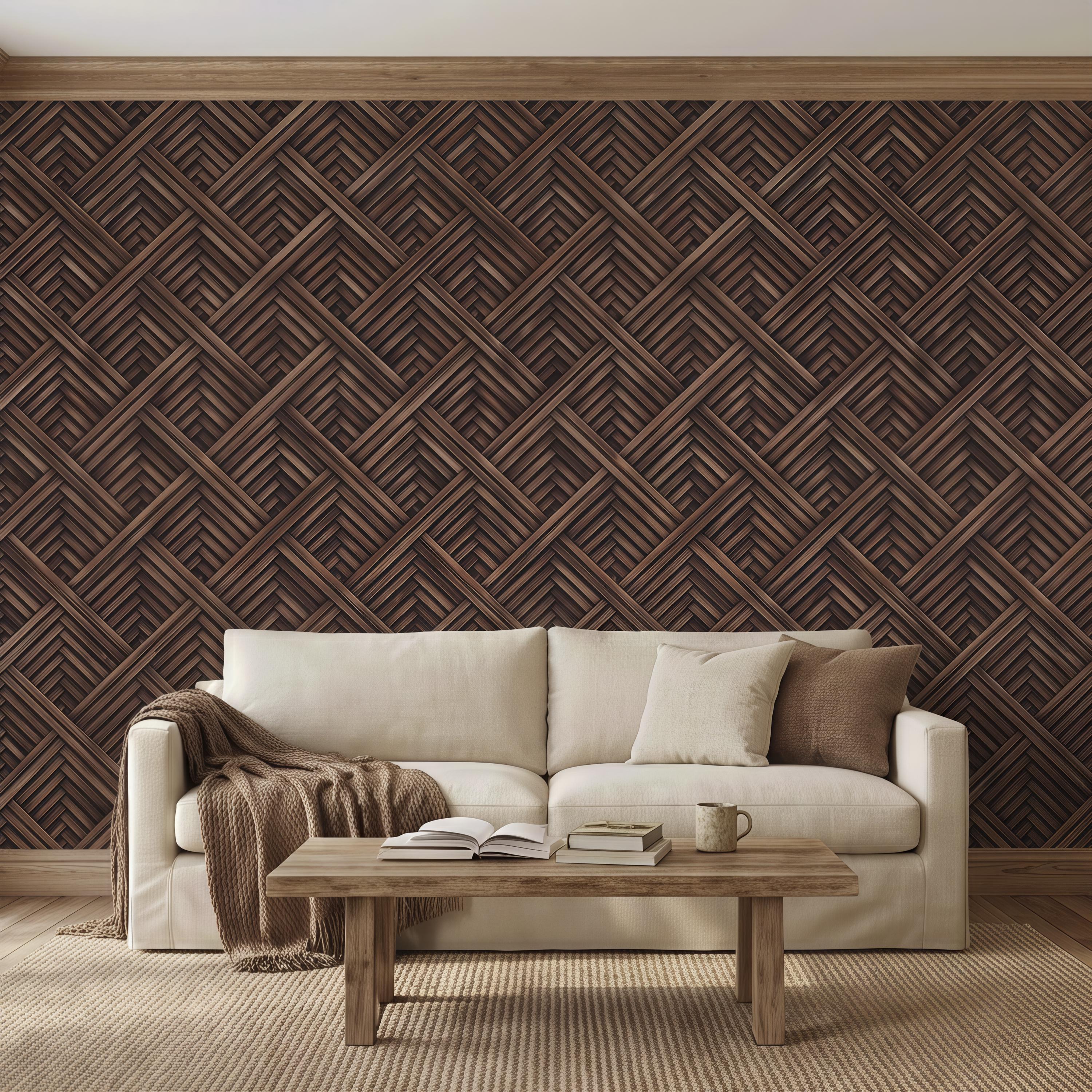 3D Woven Wood Peel and Stick Wall Mural, Architectural Basket Weave Pattern, Geometric Walnut Texture Wallpaper