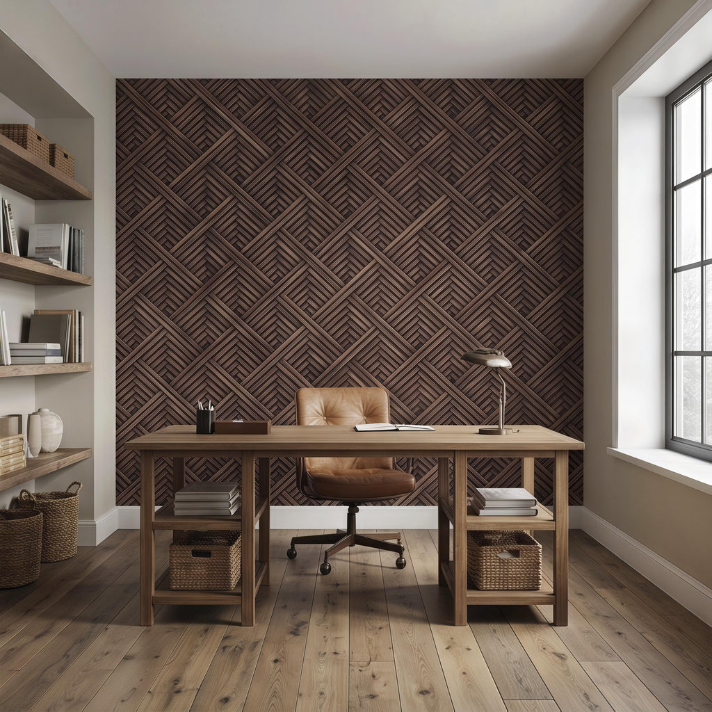 3D Woven Wood Peel and Stick Wall Mural, Architectural Basket Weave Pattern, Geometric Walnut Texture Wallpaper