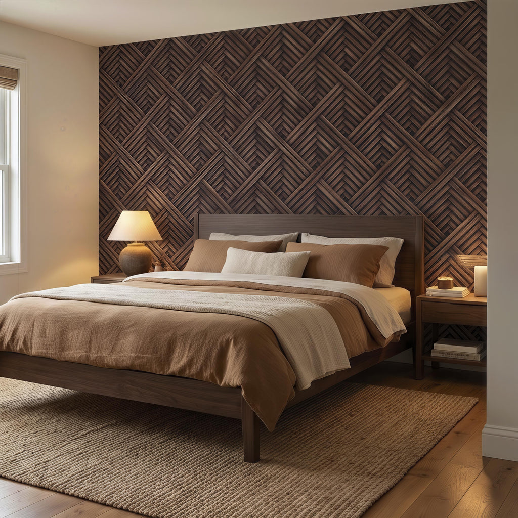 3D Woven Wood Peel and Stick Wall Mural, Architectural Basket Weave Pattern, Geometric Walnut Texture Wallpaper