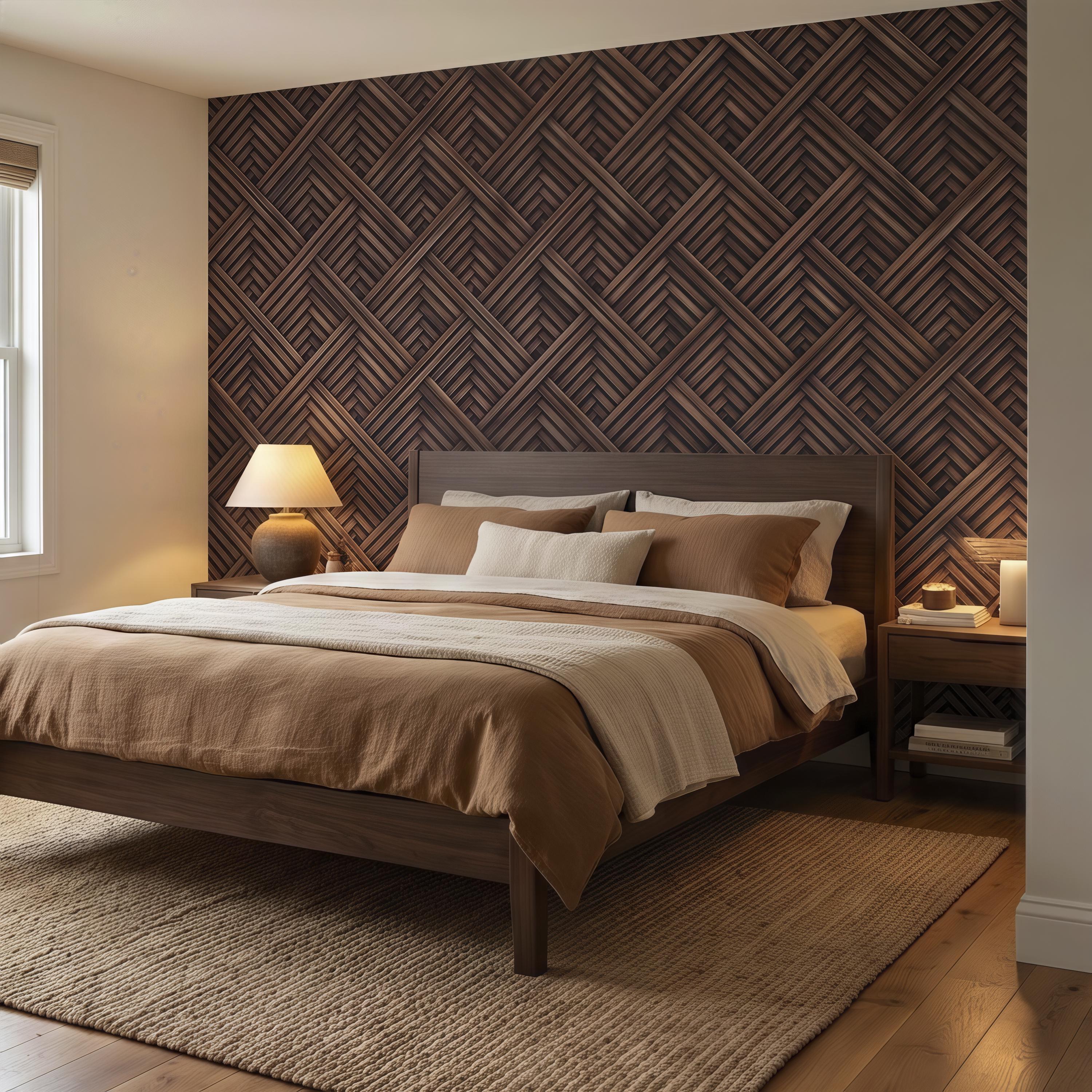 3D Woven Wood Peel and Stick Wall Mural, Architectural Basket Weave Pattern, Geometric Walnut Texture Wallpaper