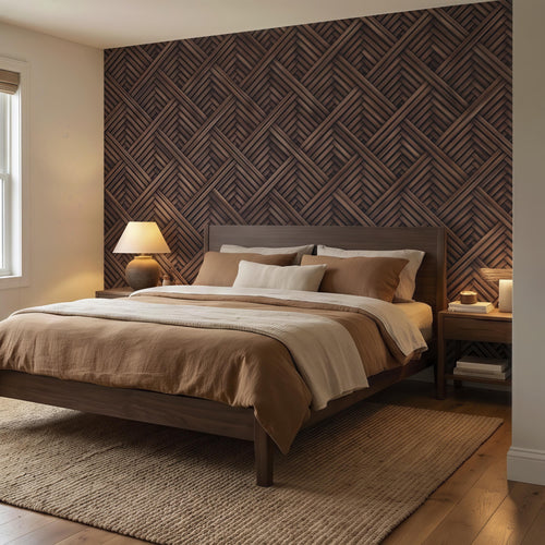 Geometric basket weave wall mural in dark walnut wood texture, 3D interlocking pattern