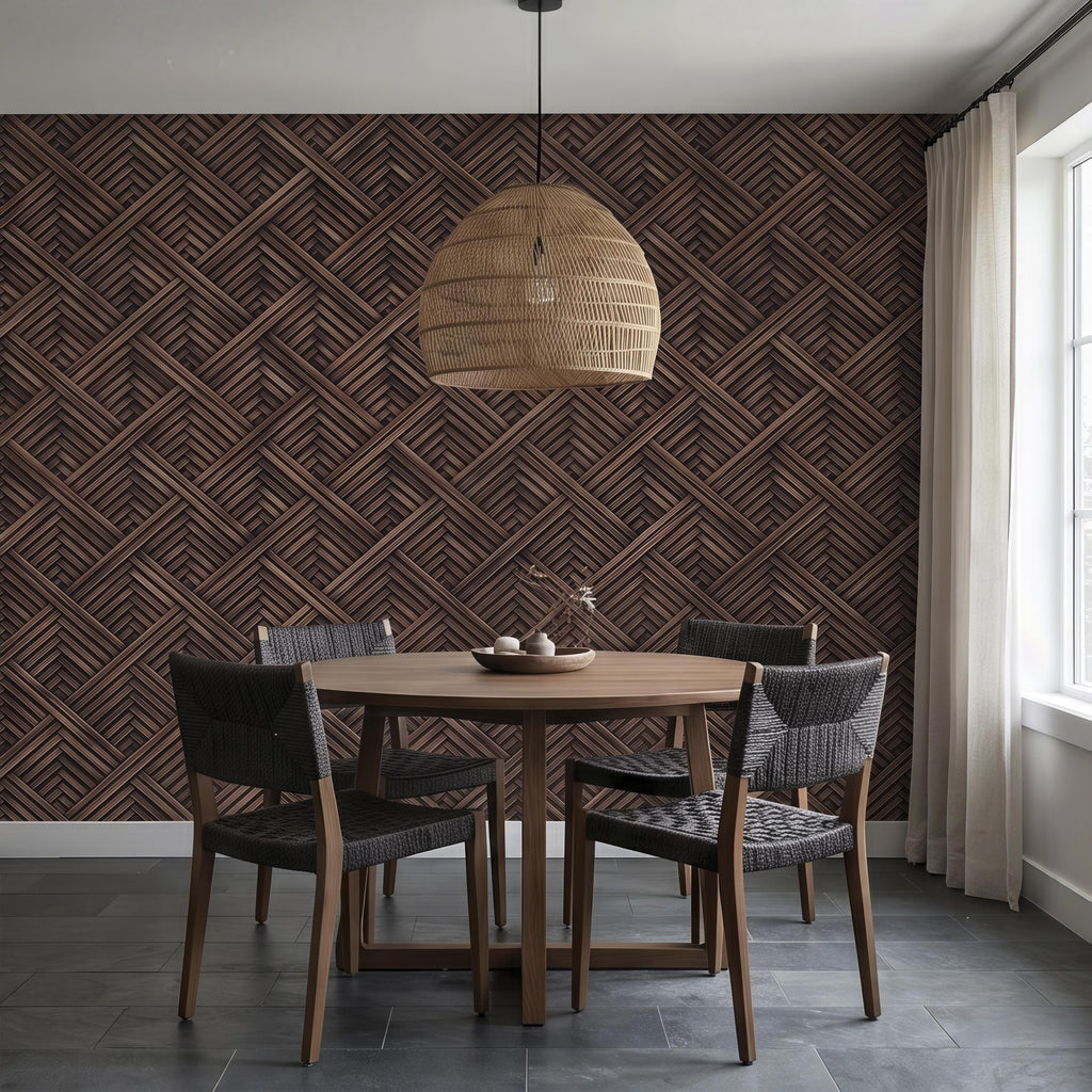 3D Woven Wood Peel and Stick Wall Mural, Architectural Basket Weave Pattern, Geometric Walnut Texture Wallpaper