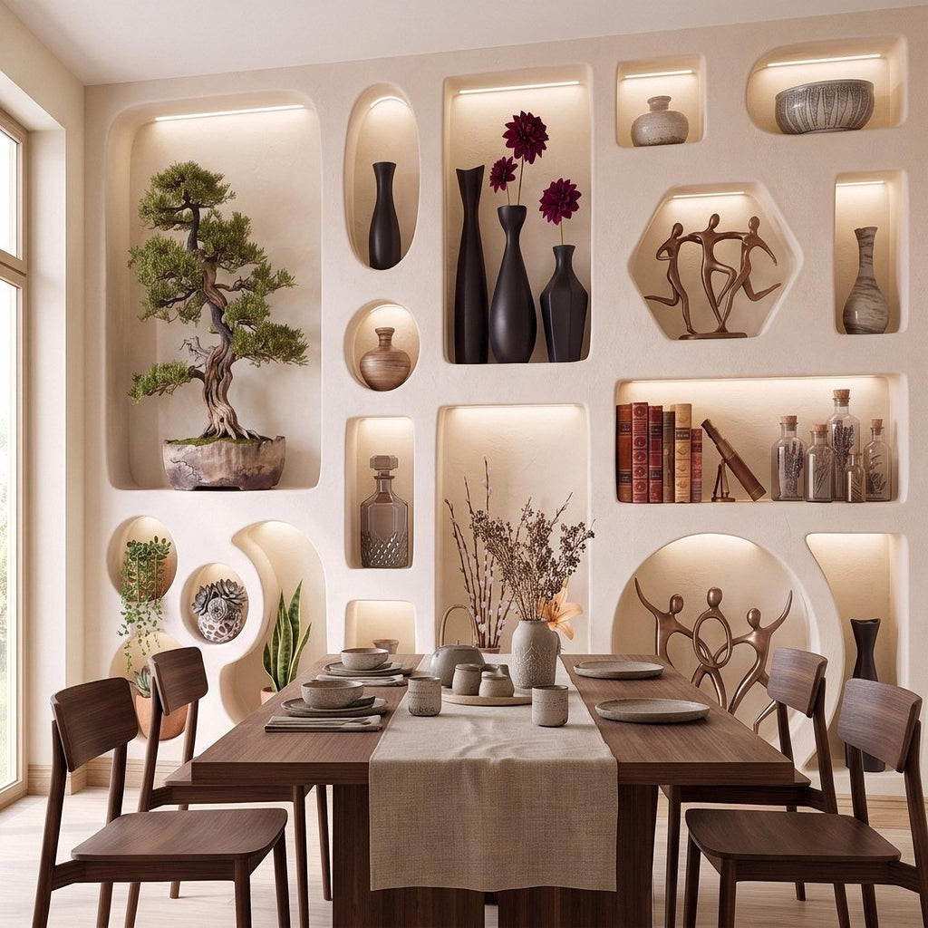 3D Japandi Wall Niches Peel and Stick Wall Mural, Modern Decorative Alcoves Sculptural Display Shelves Architectural Trompe l'Oeil Wallpaper